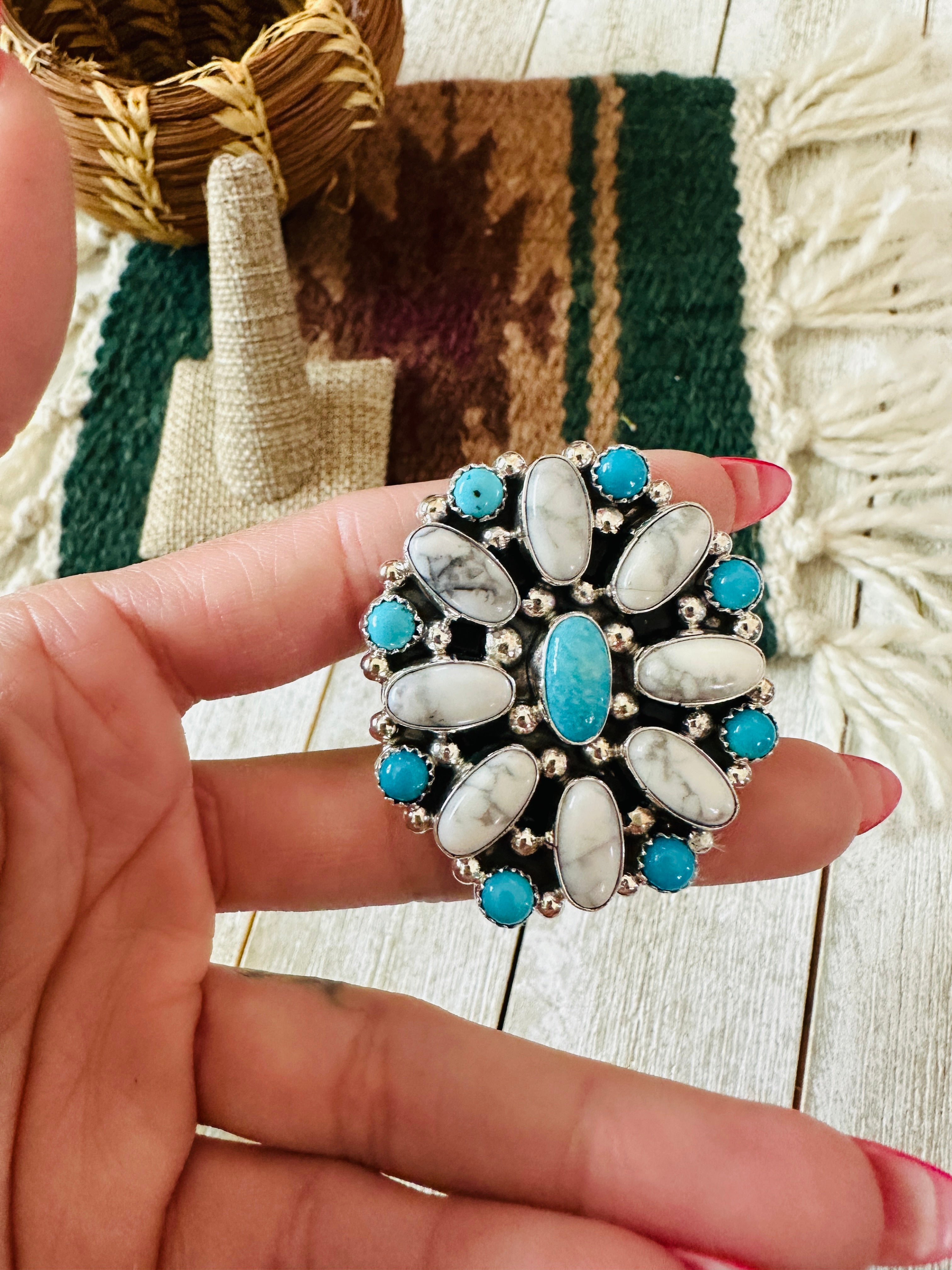 Handcrafted Sterling Silver, Turquoise & Howlite Cluster Adjustable Ring