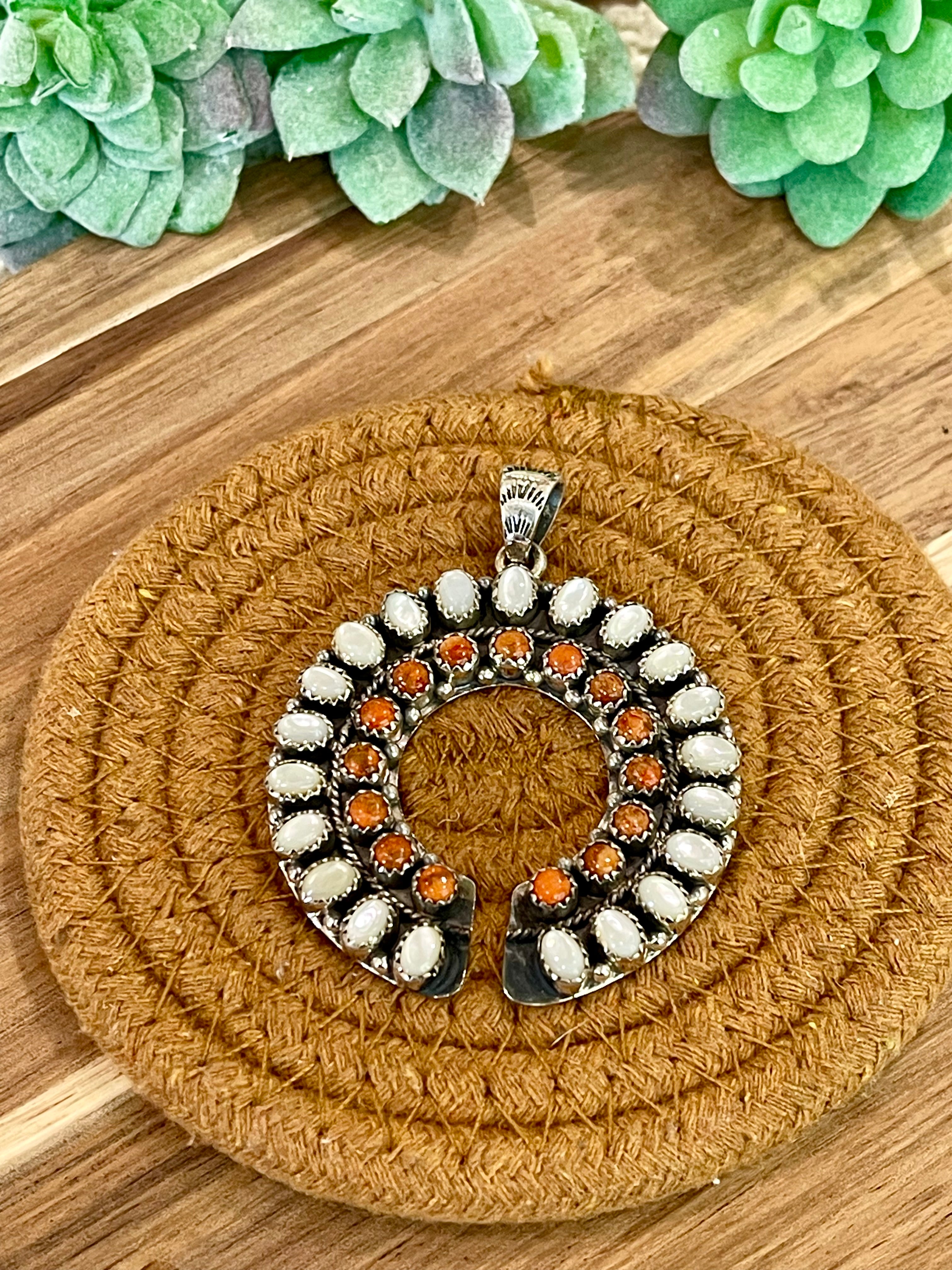 Handmade Sterling Silver, Mother Of Pearl & Orange Mojave Cluster Pendant Signed Nizhoni