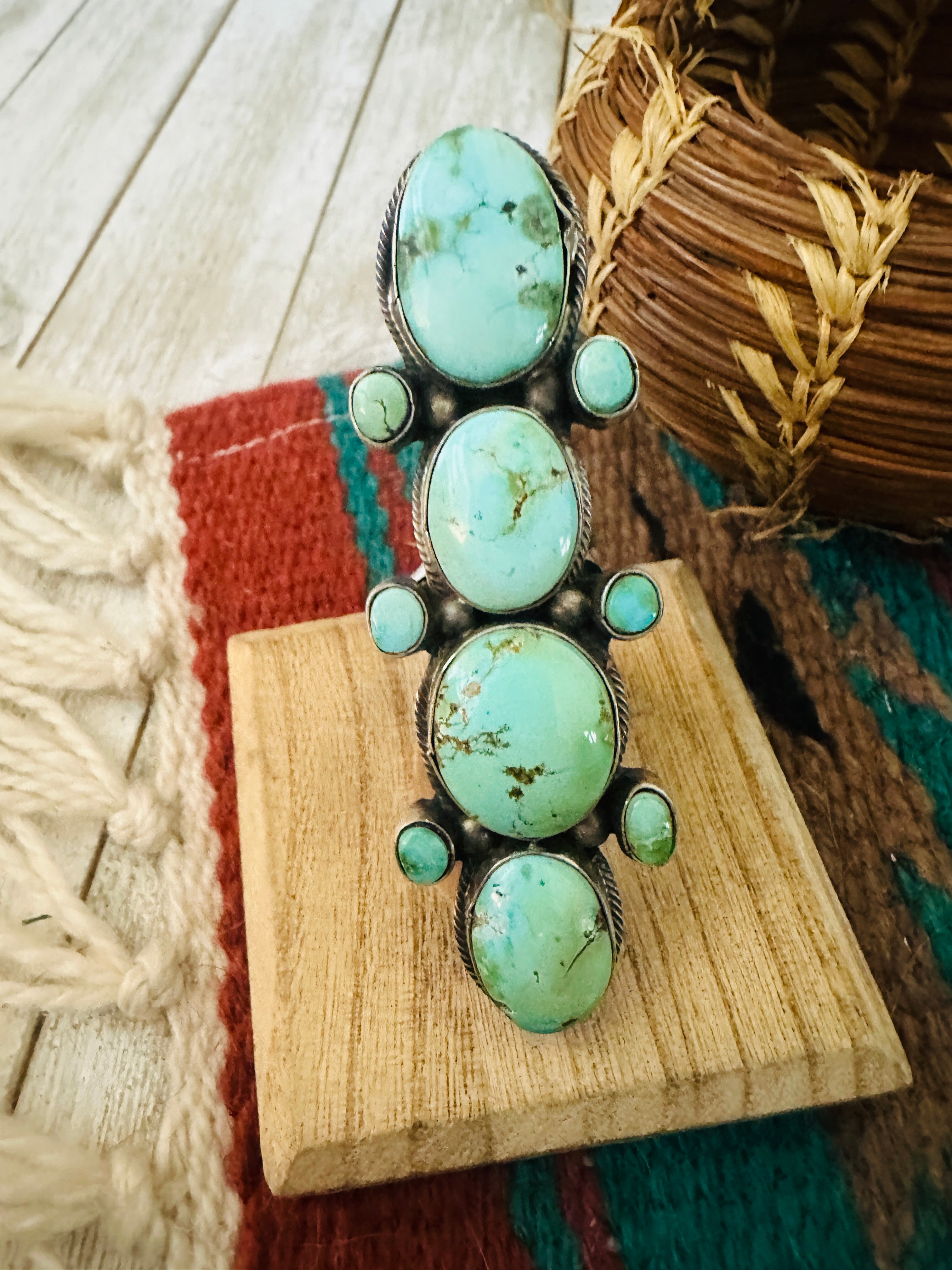 Navajo Turquoise & Sterling Silver Cluster Ring by Bobby Johnson, Size 9