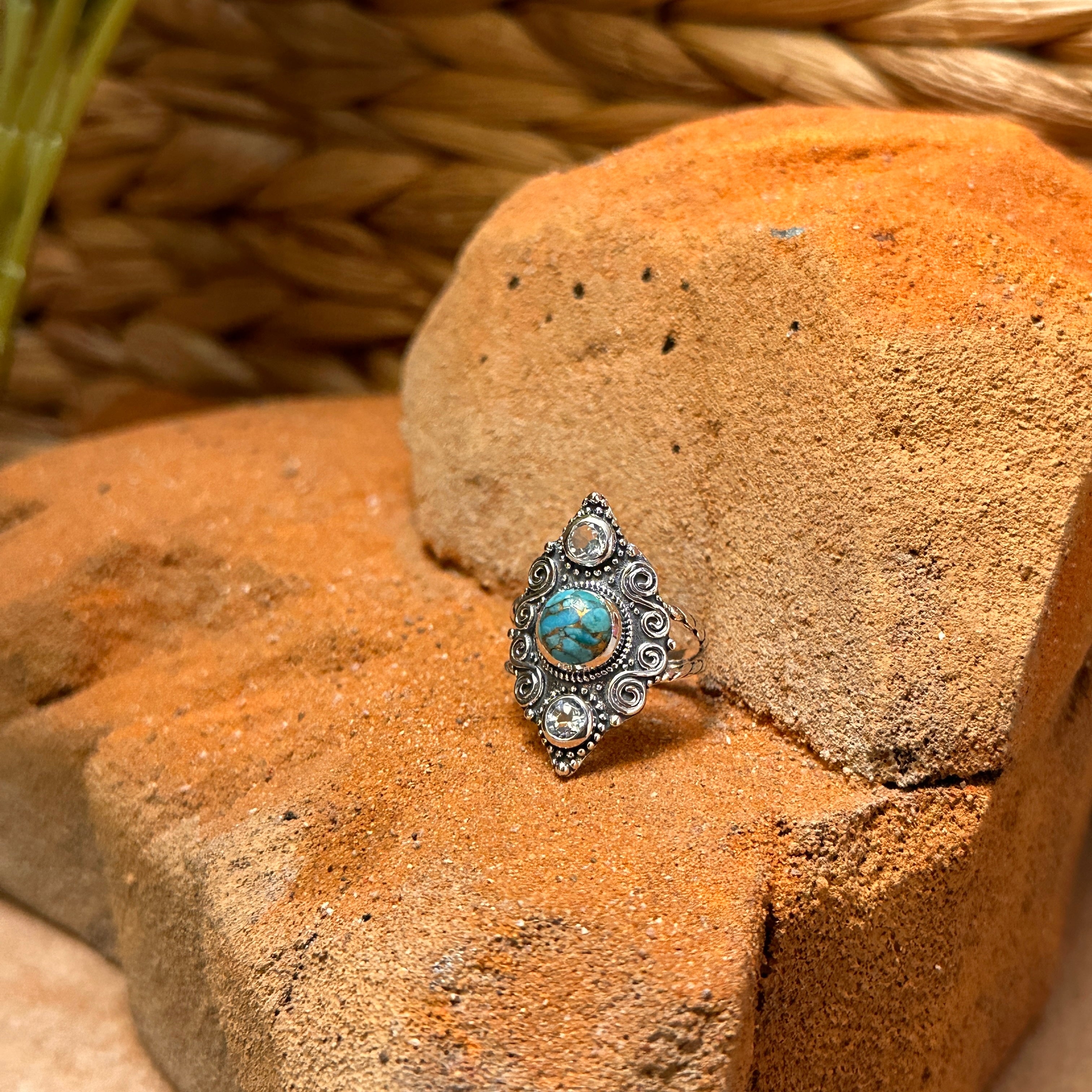 Sterling Silver Etched Copper Turquoise & Blue Topaz Ring Size 8