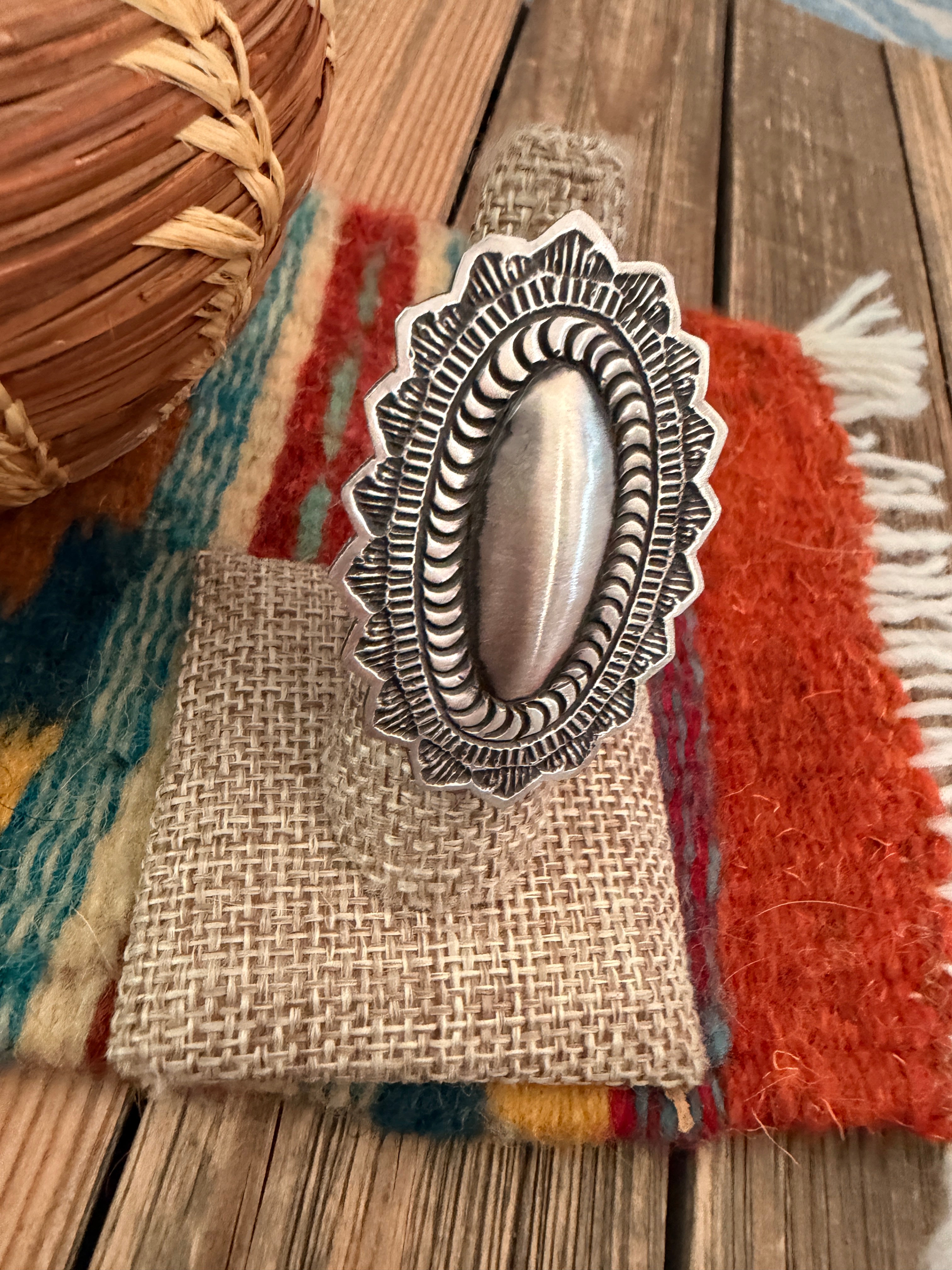 Handcrafted Sterling Silver Adjustable Concho Ring by Leander Tahe