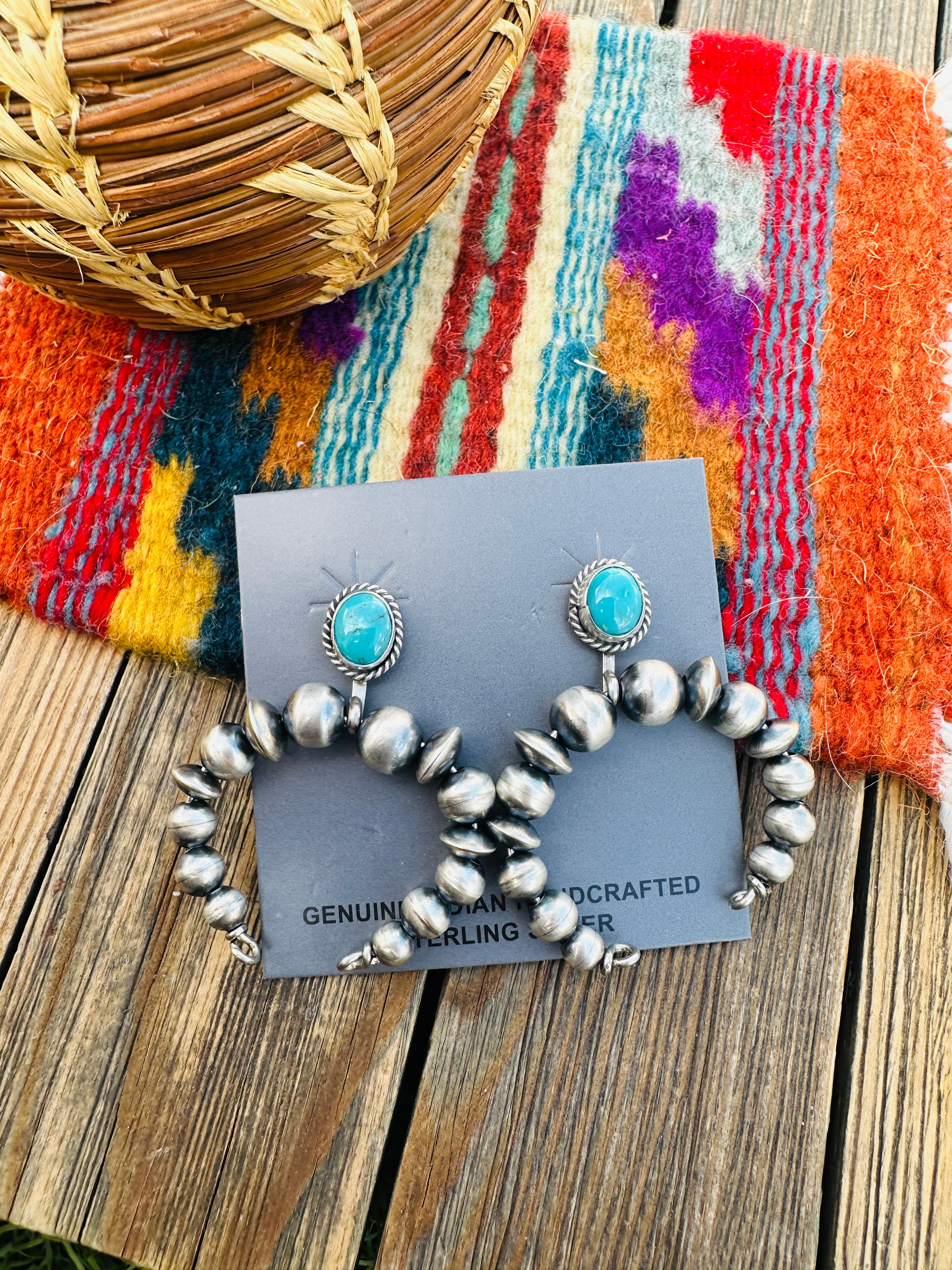 Handcrafted Turquoise & Sterling Silver Naja Beaded Dangle Earrings