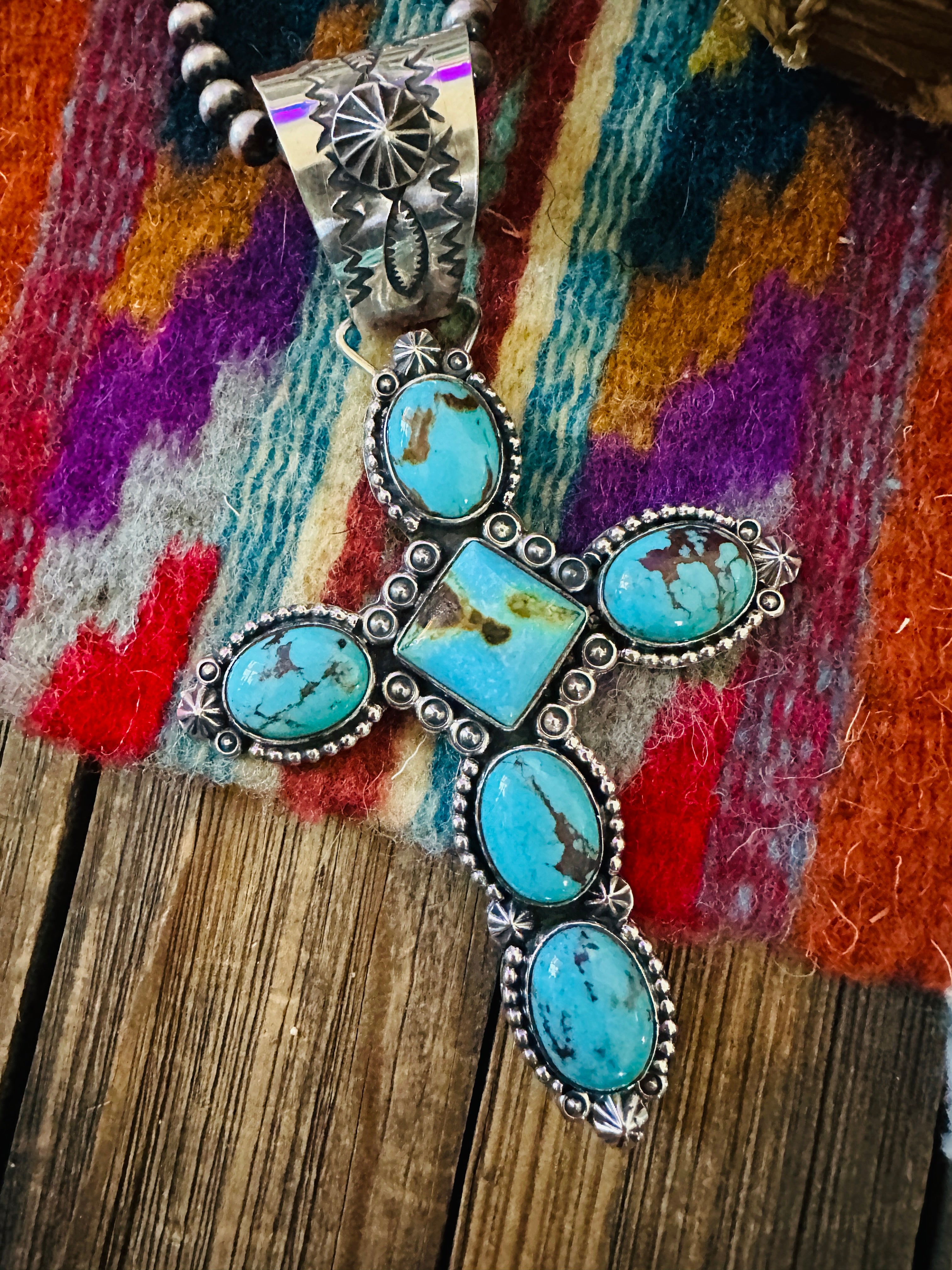 Handcrafted Sterling Silver & Kingman Turquoise Cross Pendant by Rosella Paxson
