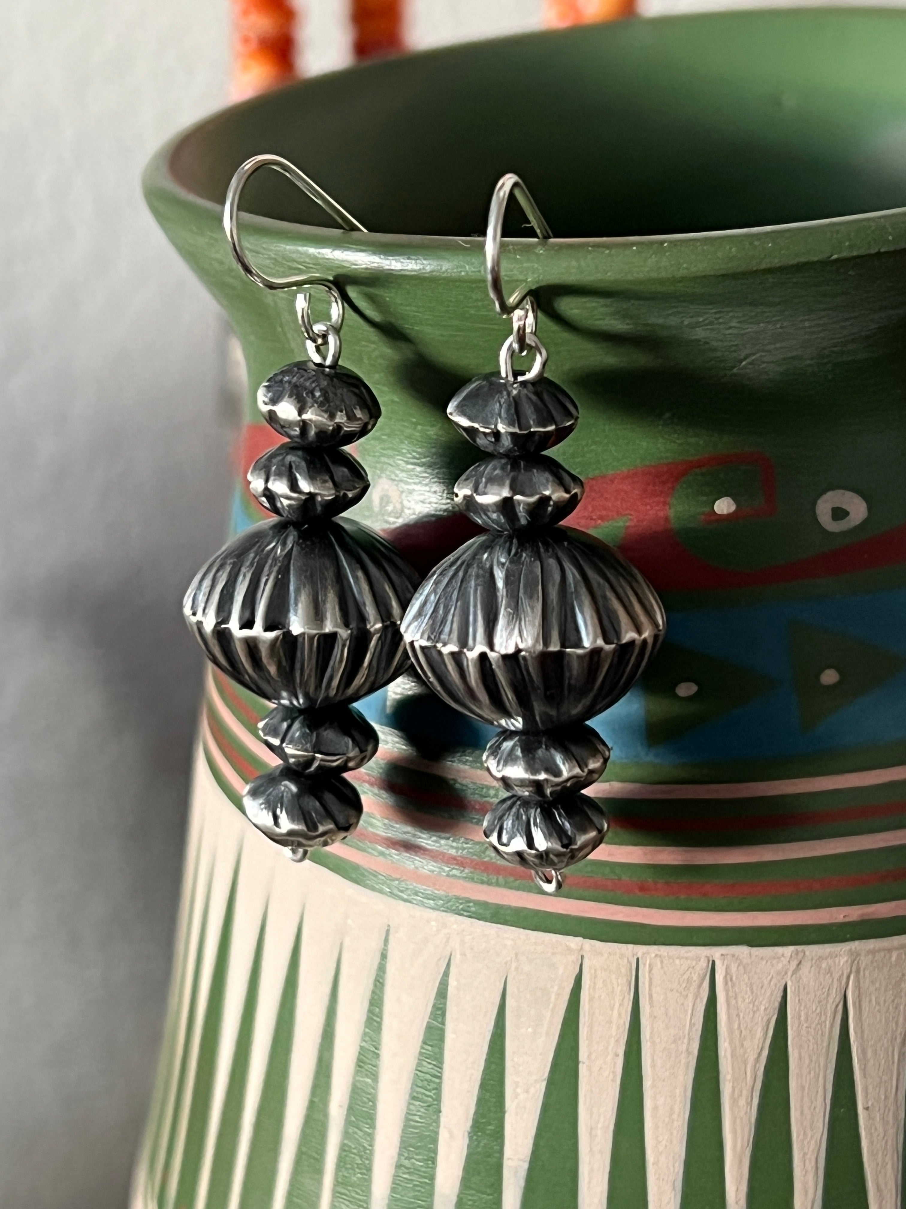 Handcrafted Sterling Silver Corrugated Bead Drop Dangle Earrings by Preston Haley