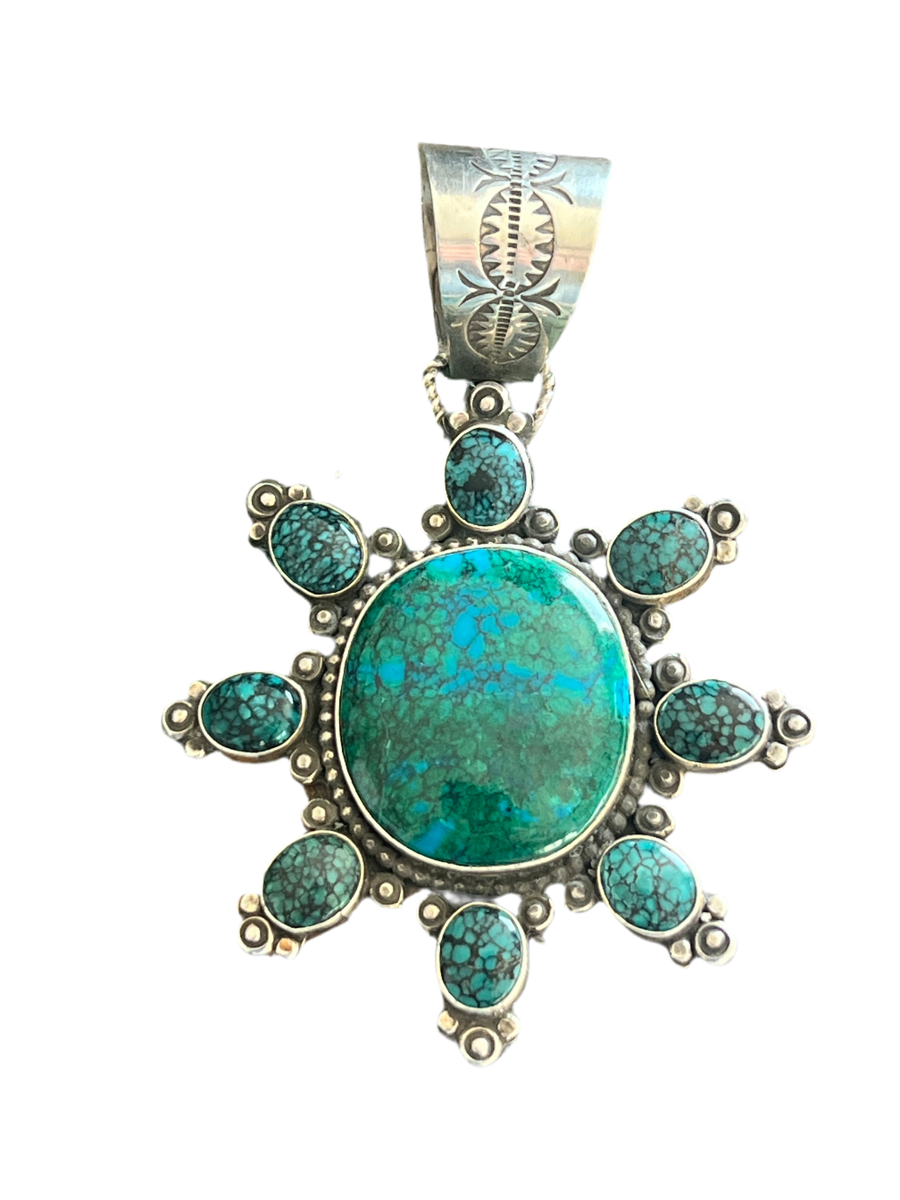 Apache Made Sterling Silver, Hubei Turquoise & Chrysocolla Cluster Pendant by Rosella Paxson