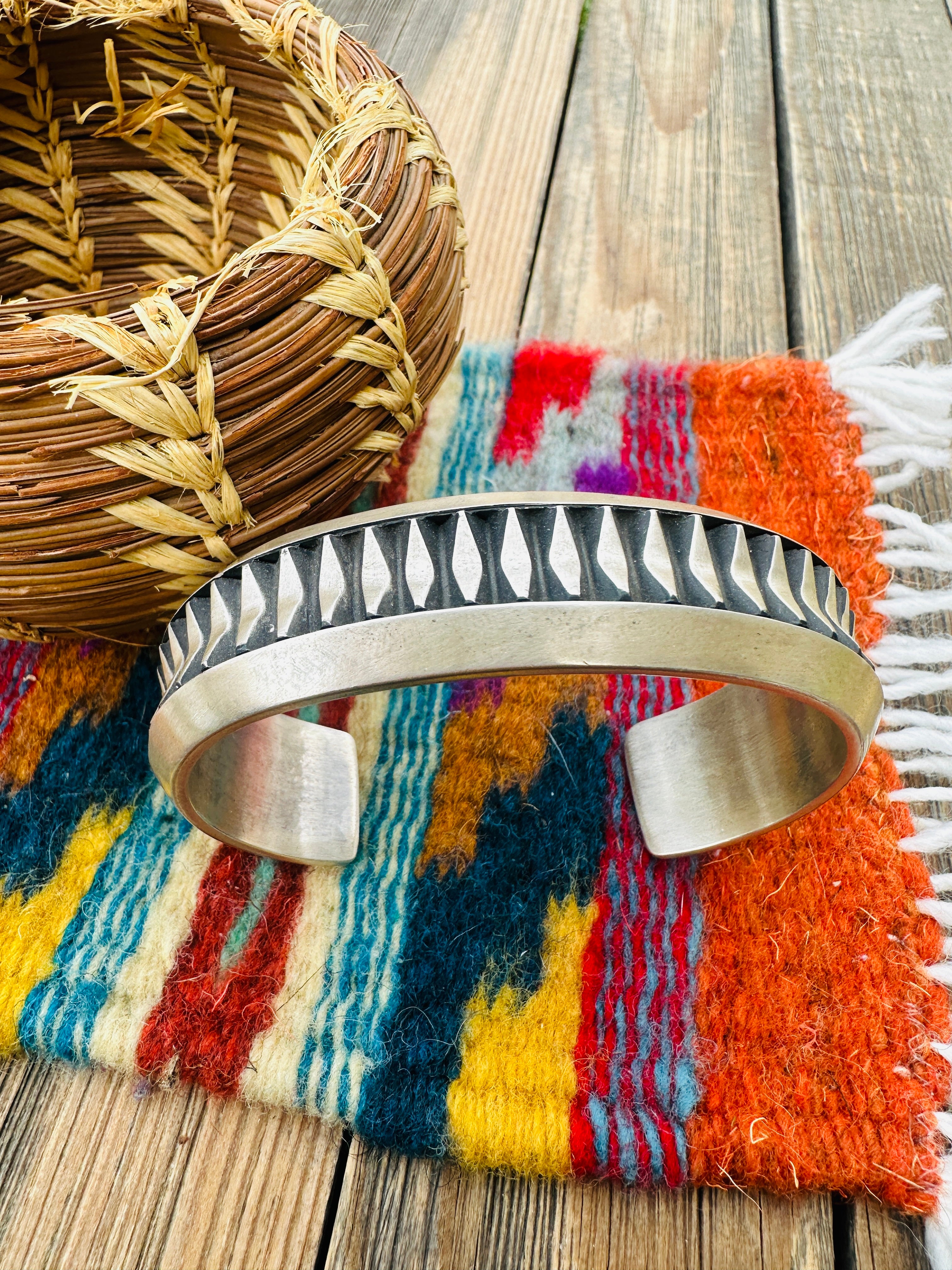 Hand Stamped Sterling Silver Cuff Bracelet by Leander Tahe