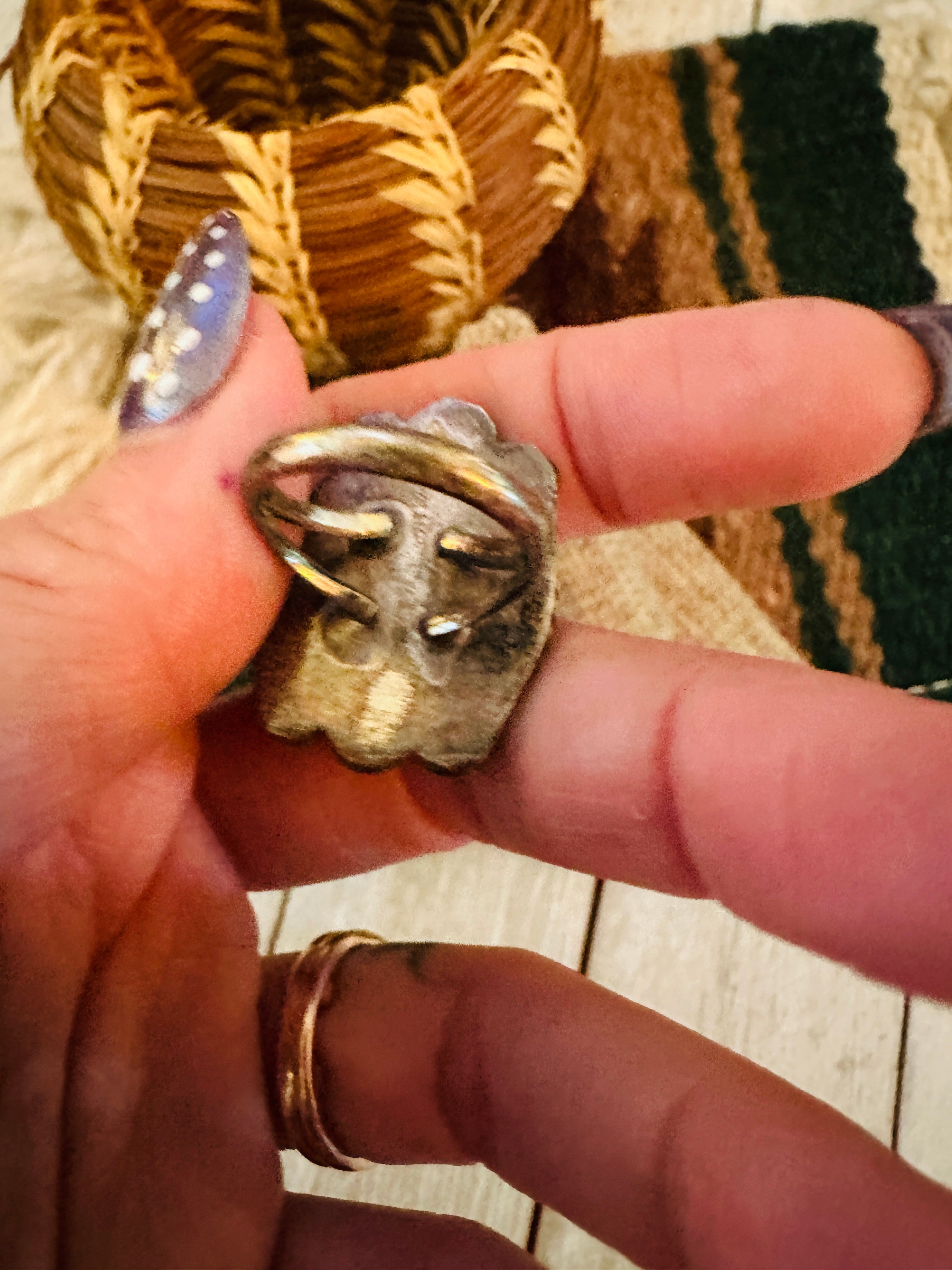 Old Pawn Handcrafted Turquoise & Sterling Silver Ring Size 4.75