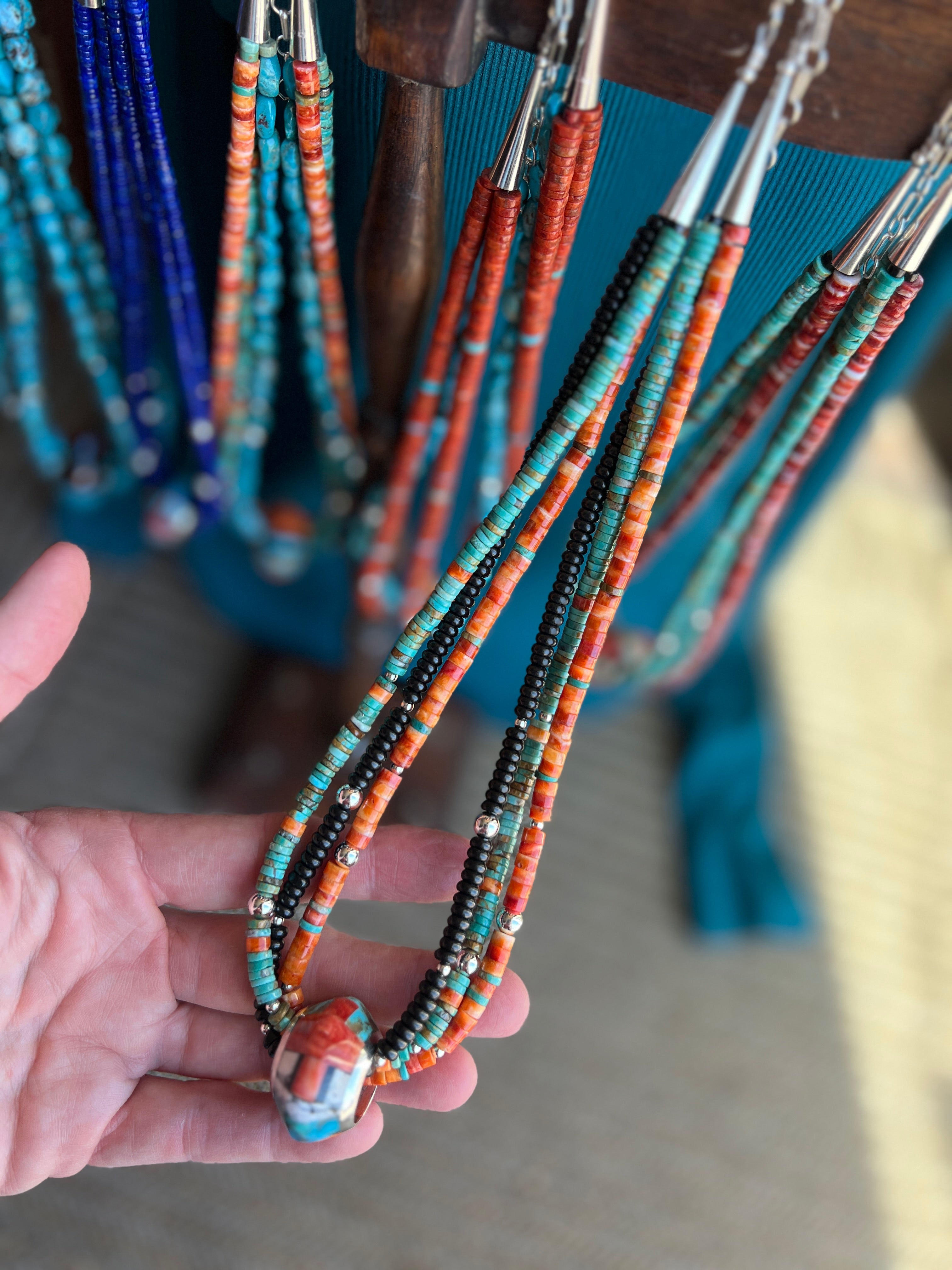 Daniel Coriz Triple Strand Spiny Oyster, Onyx and Turquoise Beaded Necklace w/ Removable Sterling Silver & Stone Inlay Bead