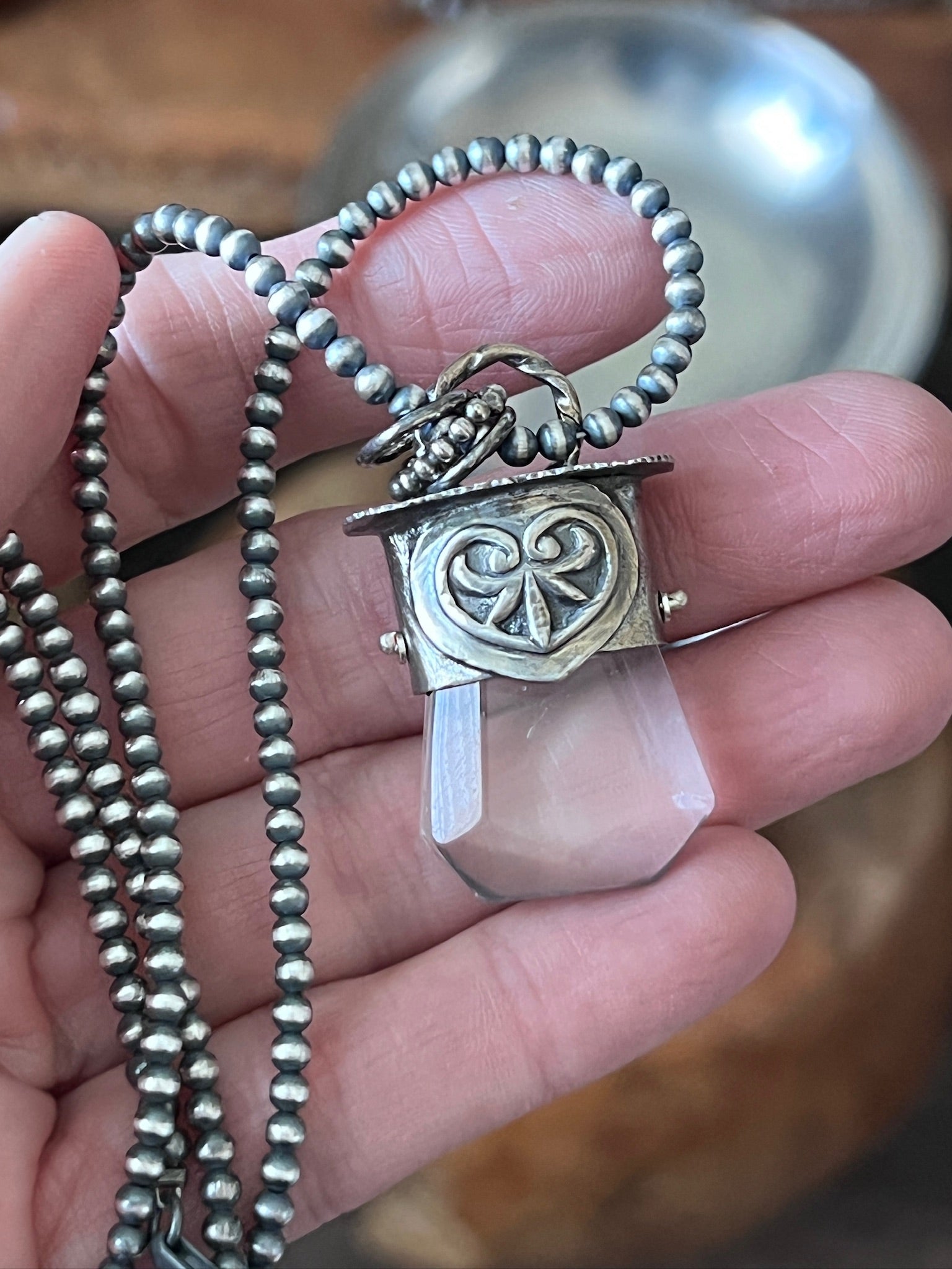 Sterling Silver Gem Collector 30” + 2” Beaded Necklace w/ Tularosa Quartz & Heart Pendant