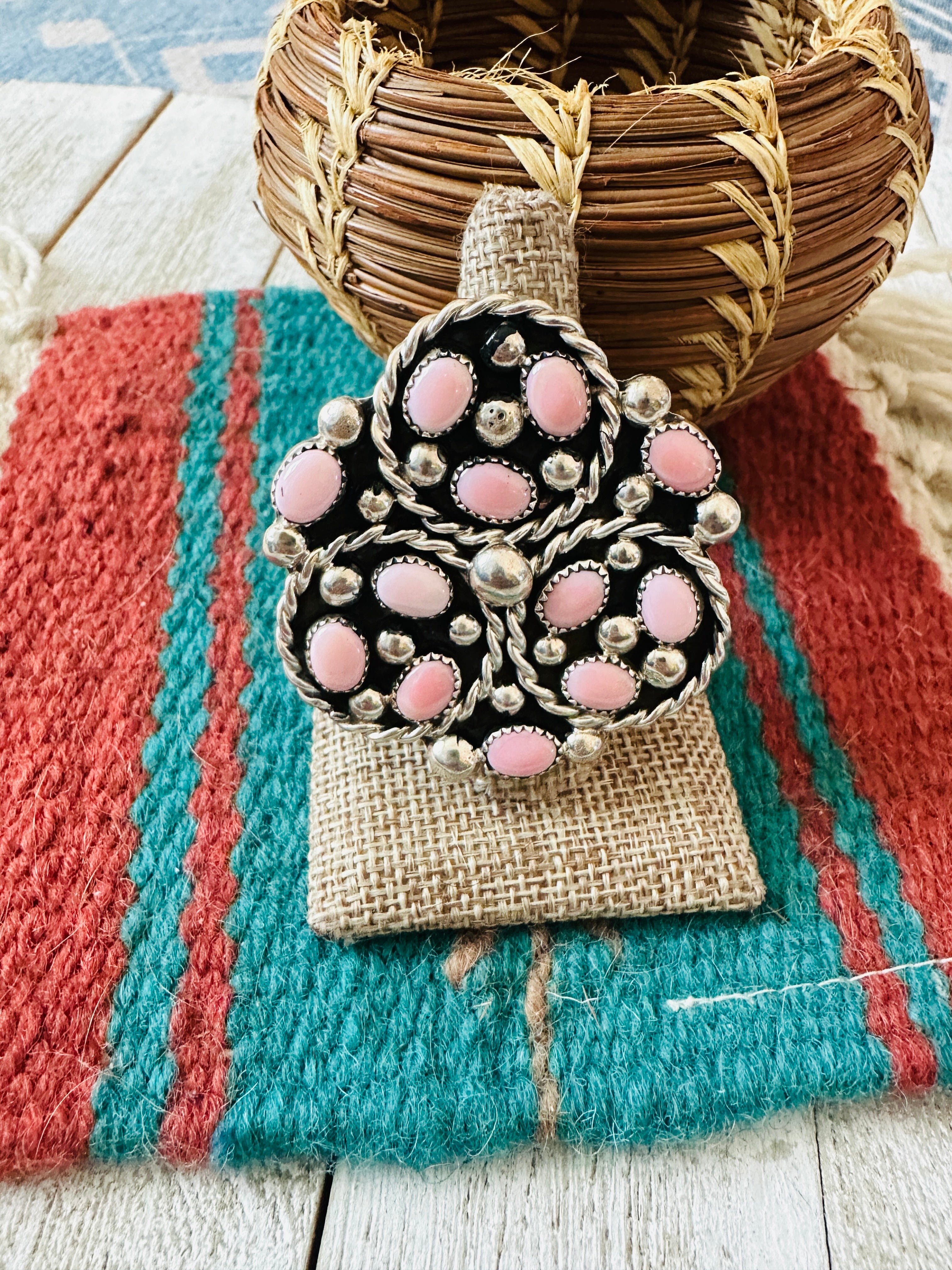 Handcrafted Sterling Silver & Queen Pink Conch Cluster Adjustable Ring