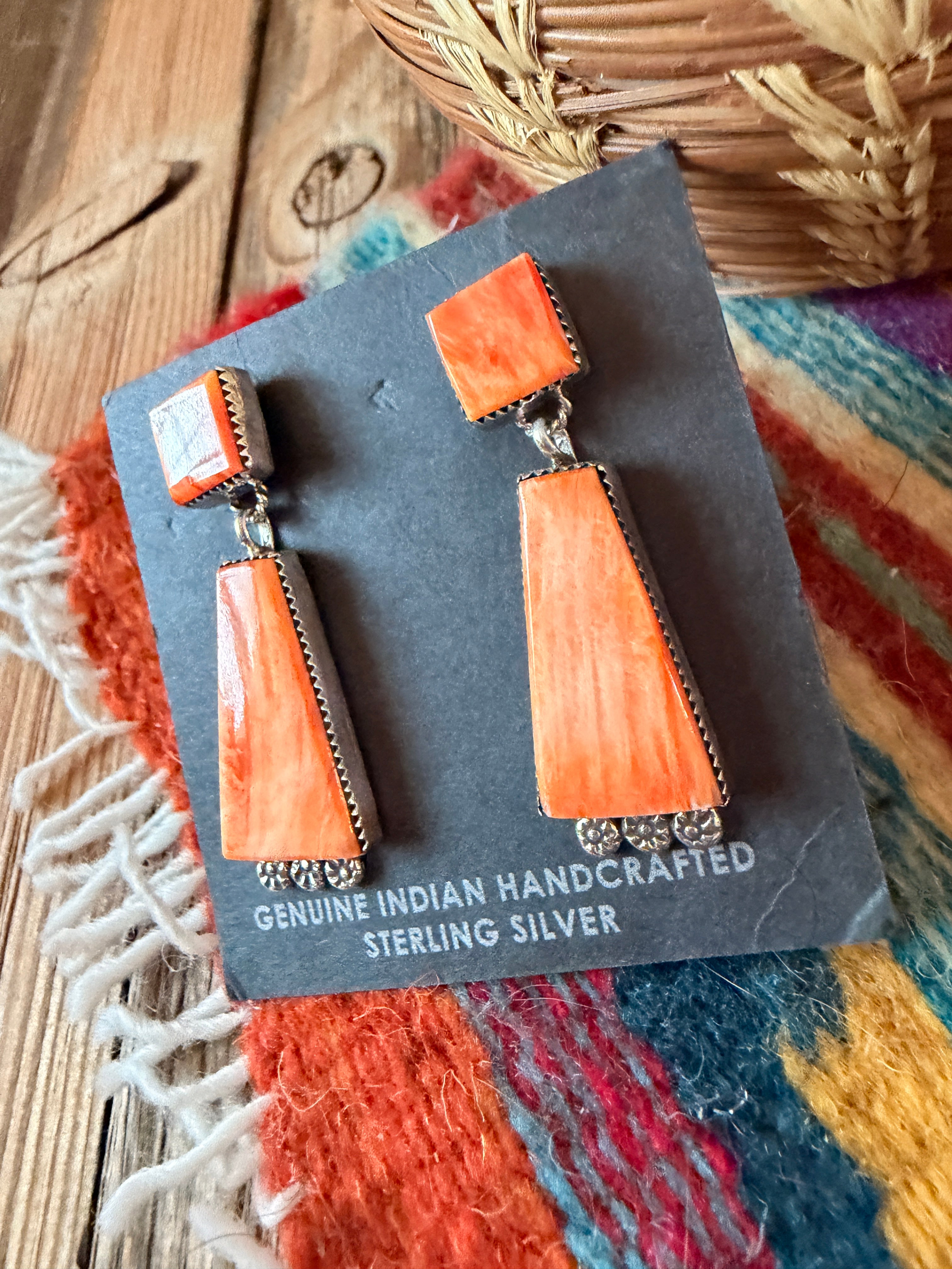Handcrafted Orange Spiny And Sterling Silver Dangle Earrings