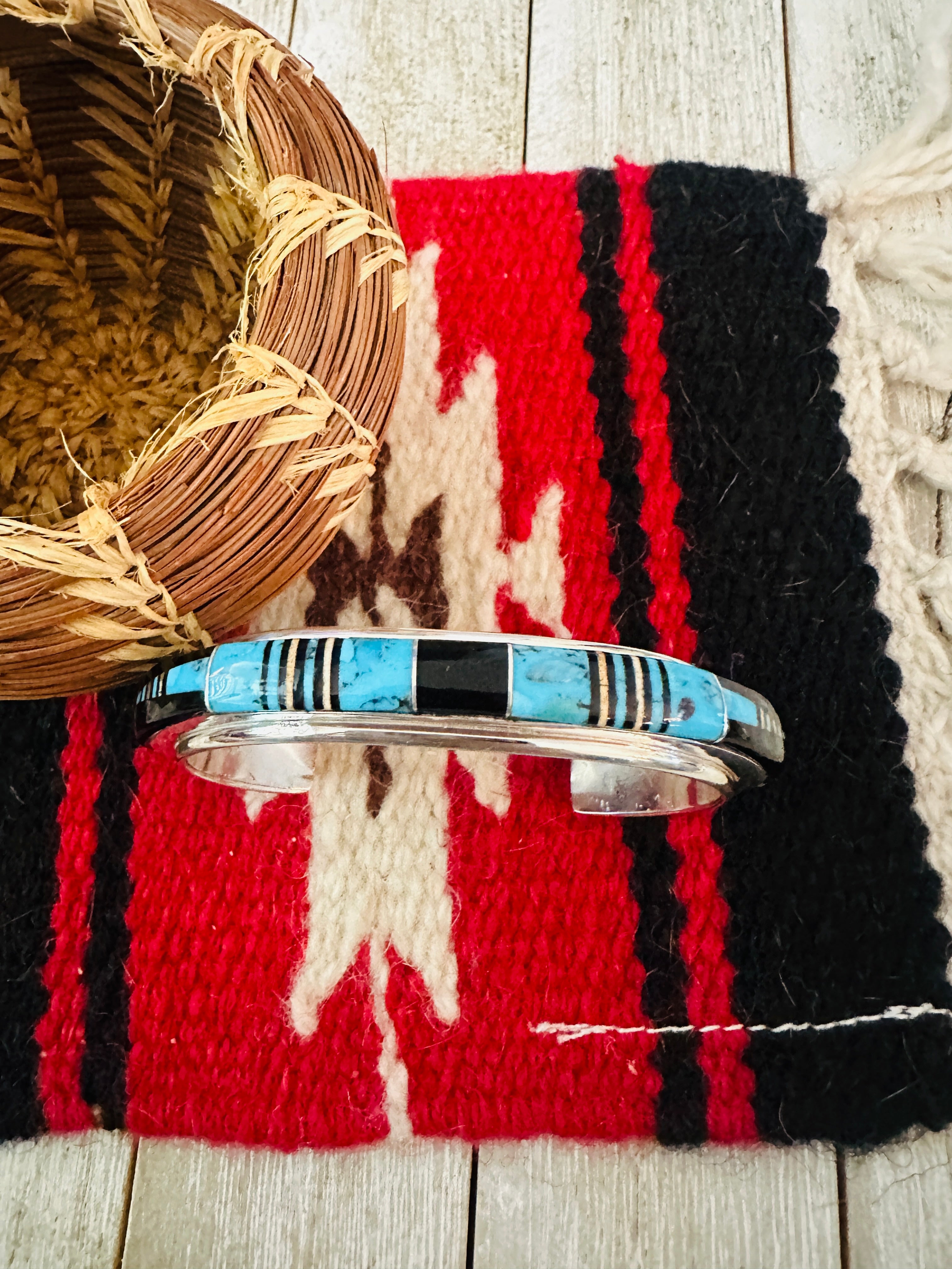 Handcrafted Multi Stone & Sterling Silver Inlay Cuff Bracelet by Ray Jack