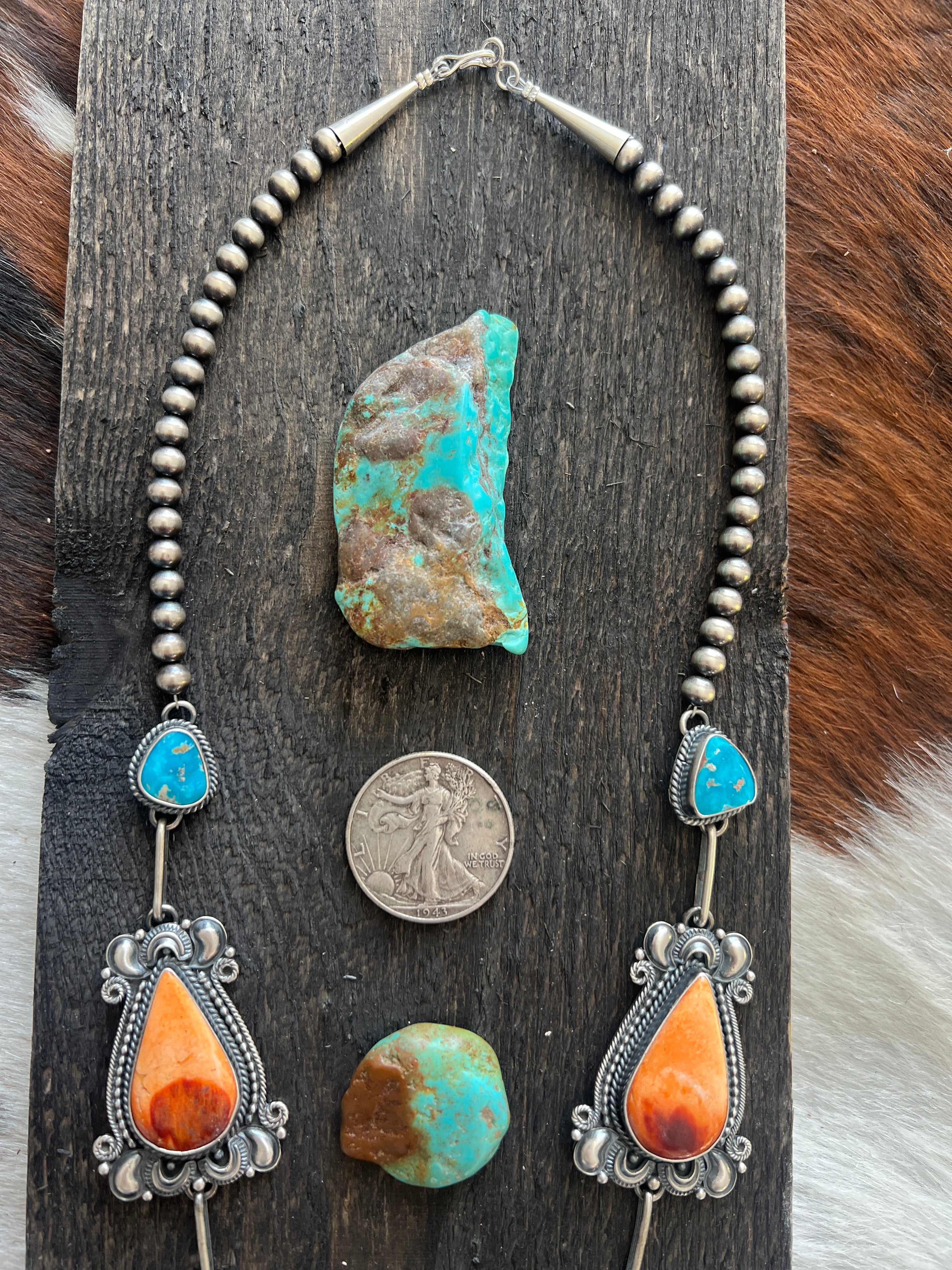 Handcrafted Sterling Silver, Spiny Oyster and Turquoise Link and Bead Necklace and Earrings Set by Derrick Gordon