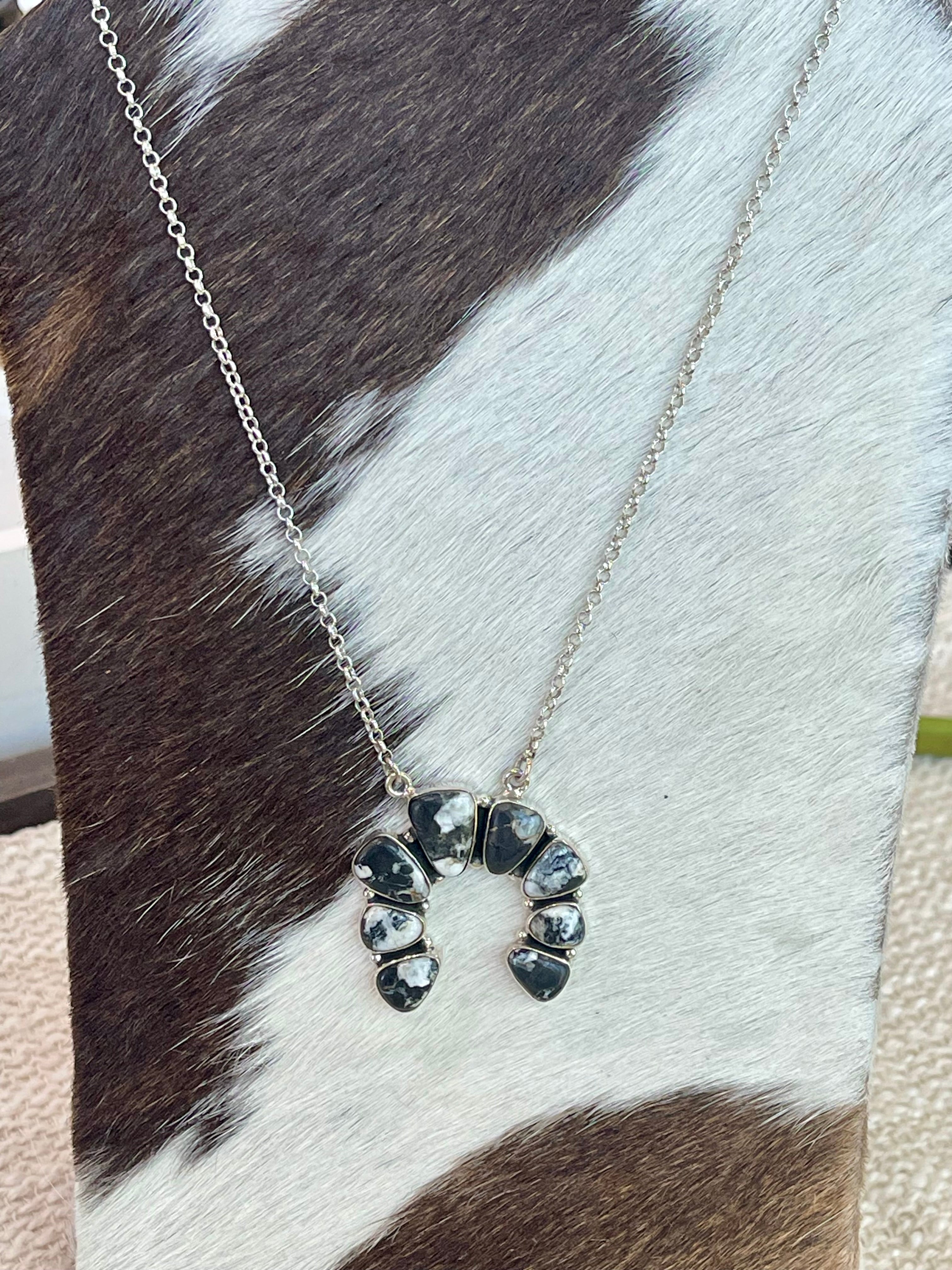 Handmade Sterling Silver, White Buffalo Cluster Naja Necklace Signed Nizhoni