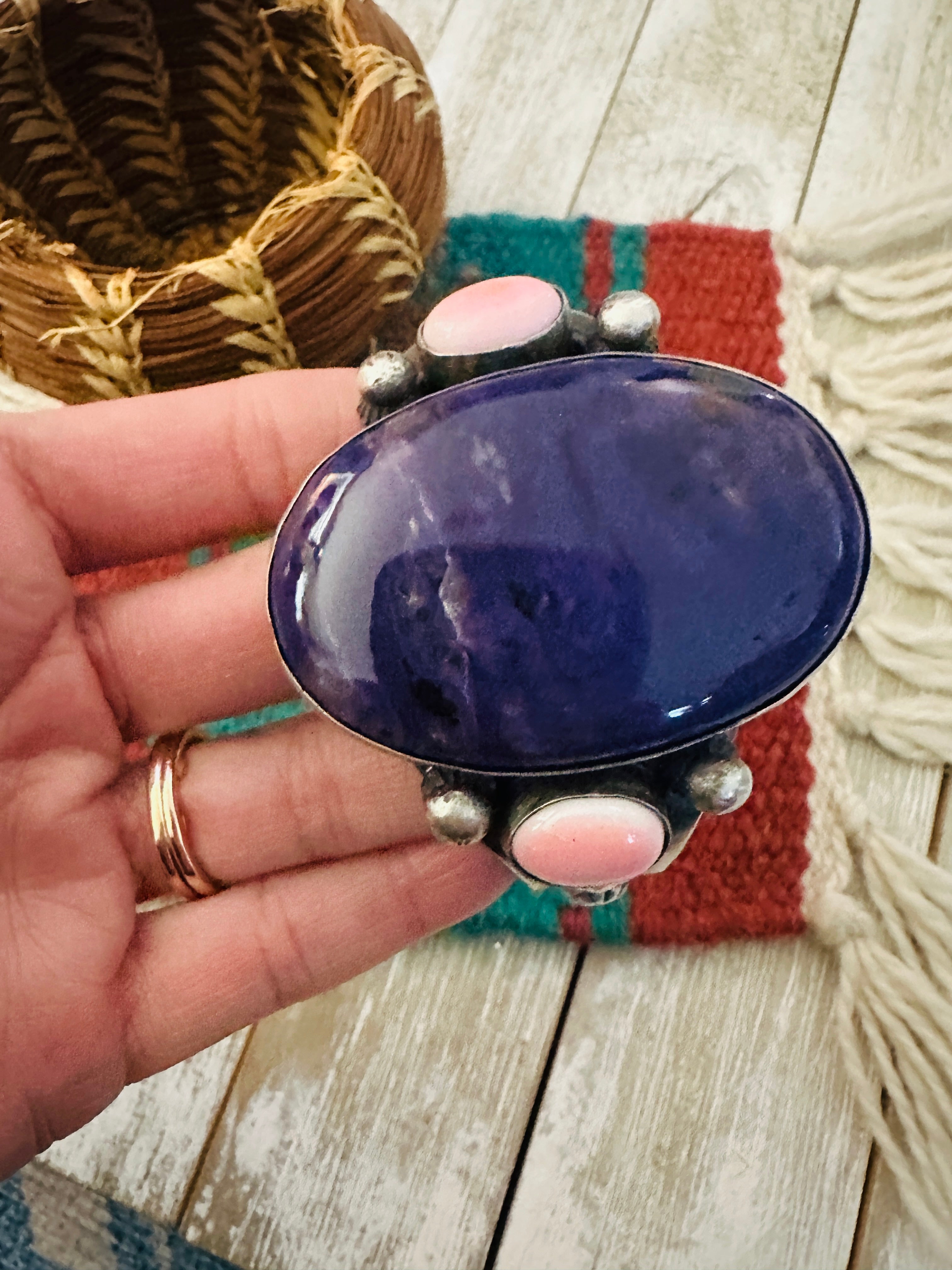 Handcrafted Charoite, Queen Pink Conch & Sterling Silver Cuff Bracelet by Chimney Butte