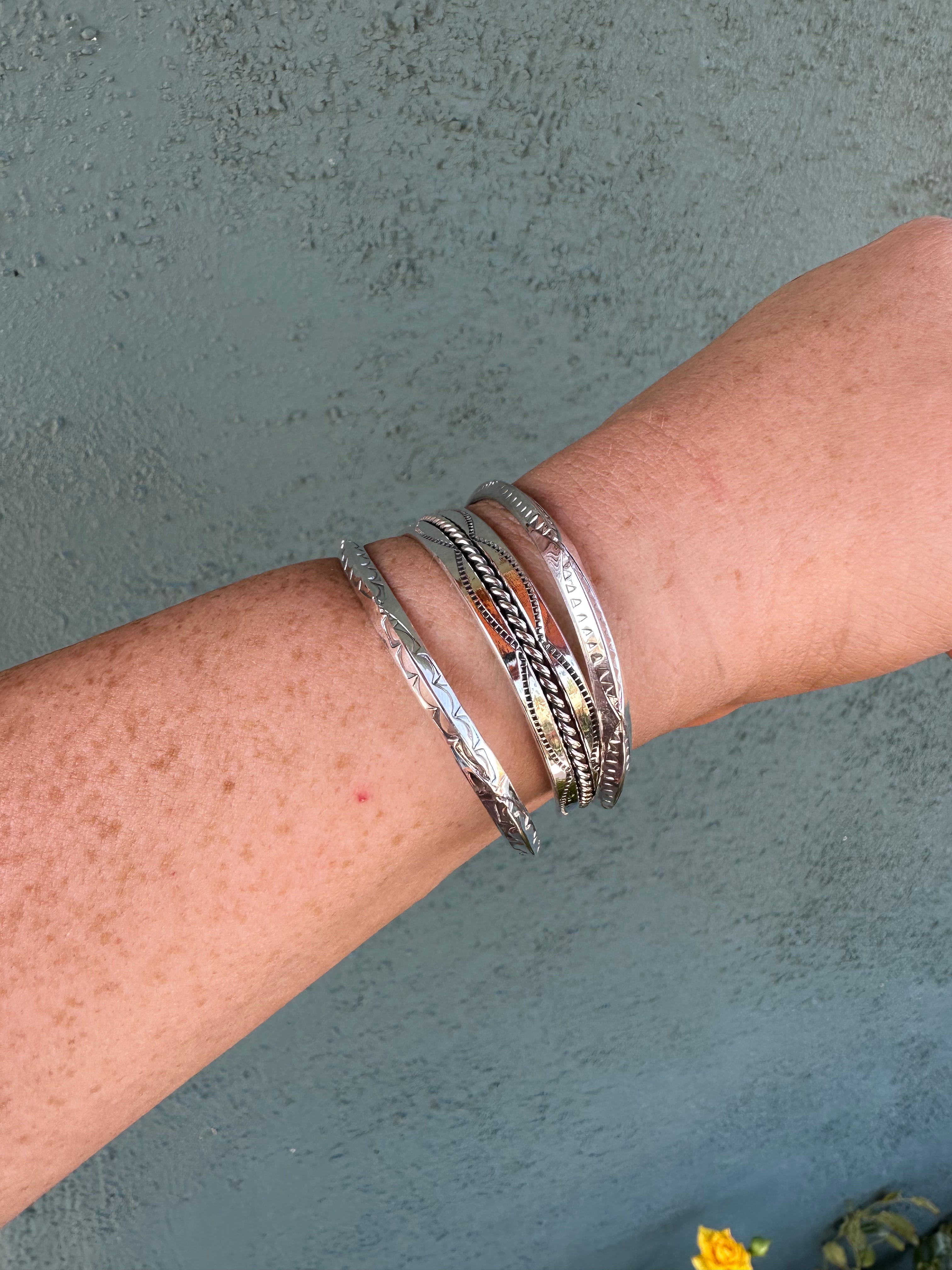 Handcrafted “The Tahe Stacker” Sterling Silver Star Adjustable Thin Cuff Bracelet Signed L Tahe