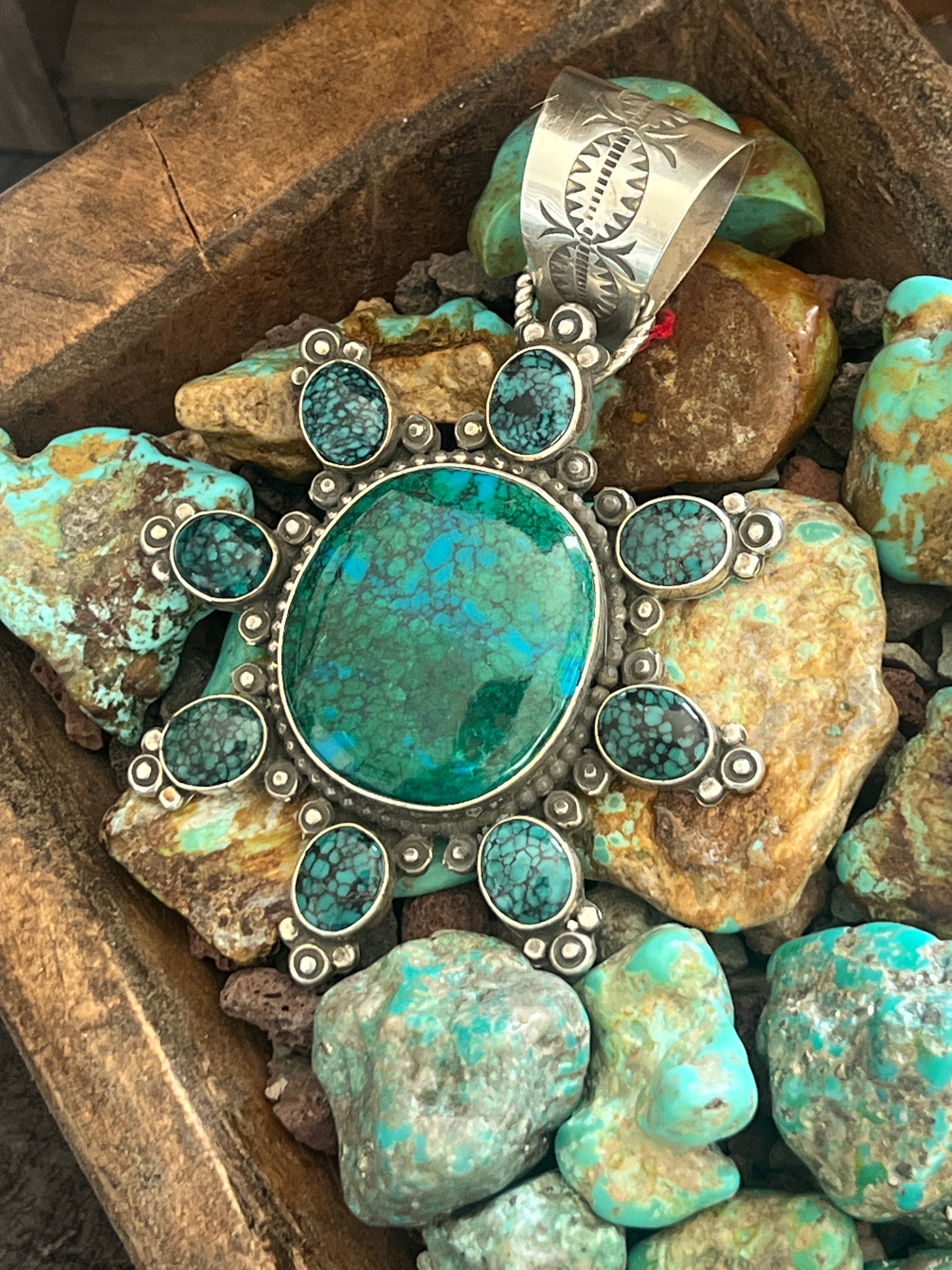 Apache Made Sterling Silver, Hubei Turquoise & Chrysocolla Cluster Pendant by Rosella Paxson