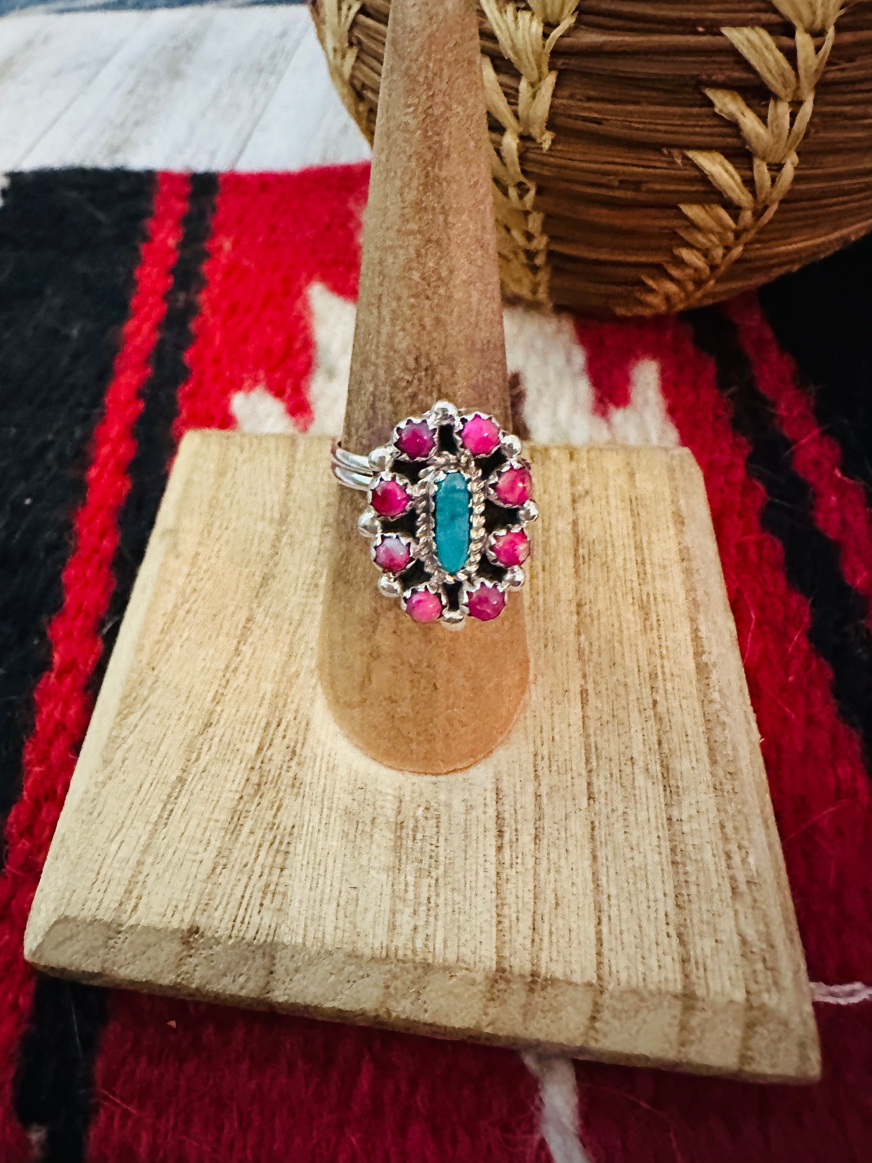 Handcrafted Sterling Silver, Pink Dream Mojave & Turquoise Cluster Adjustable Ring
