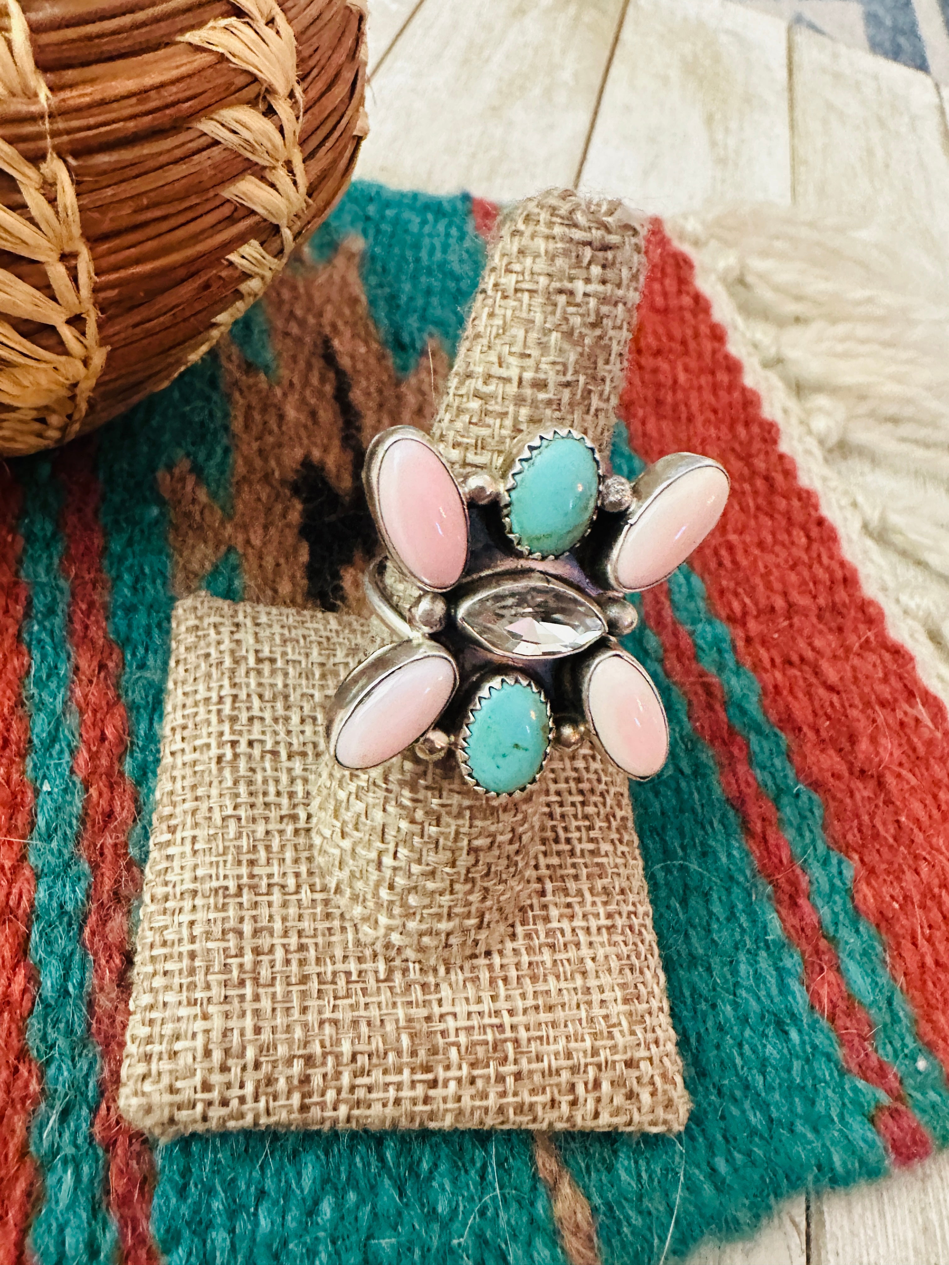 Handcrafted Queen Pink Conch, Turquoise & Sterling Silver Adjustable Ring by Jacqueline Silver
