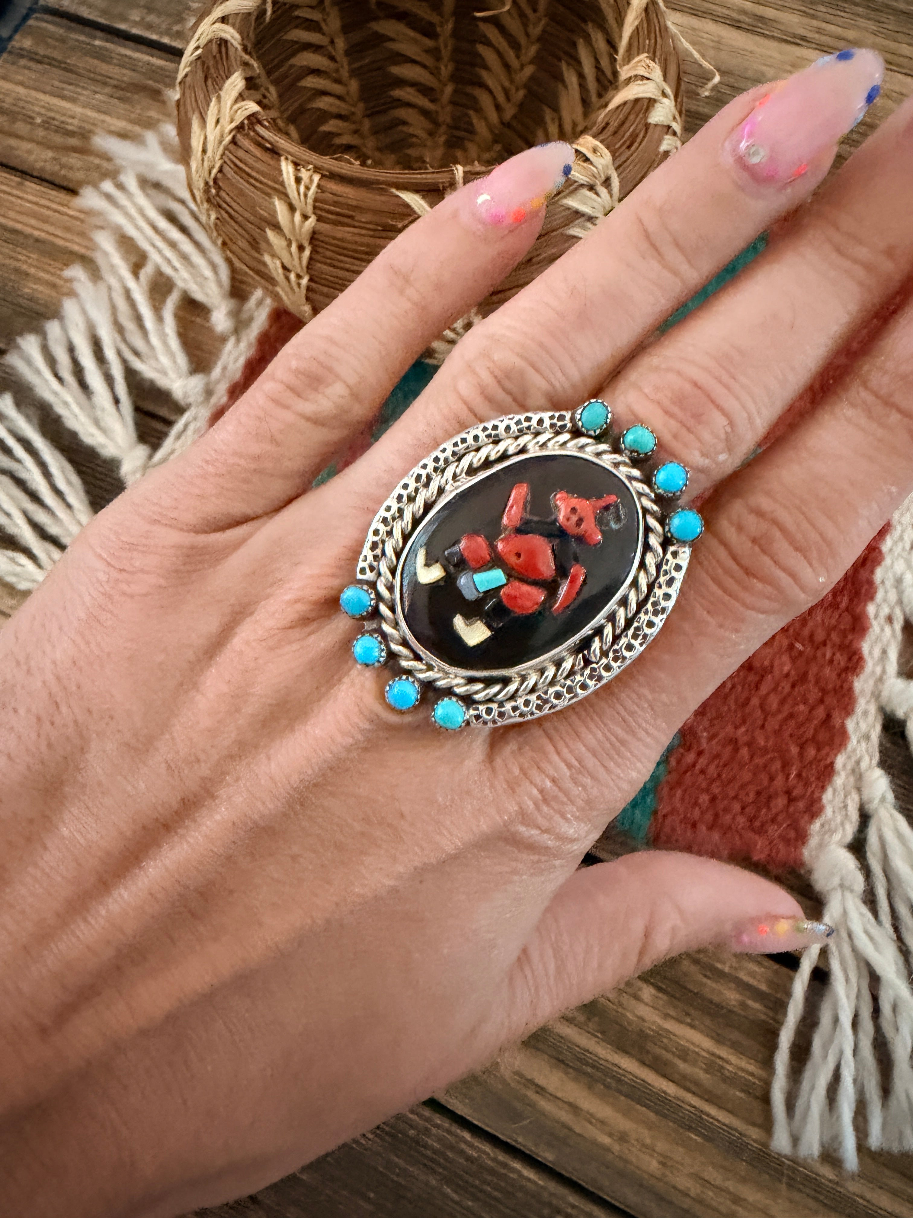Old Pawn Handcrafted Multi Stone & Sterling Silver Inlay Kachina Ring Size 8.75