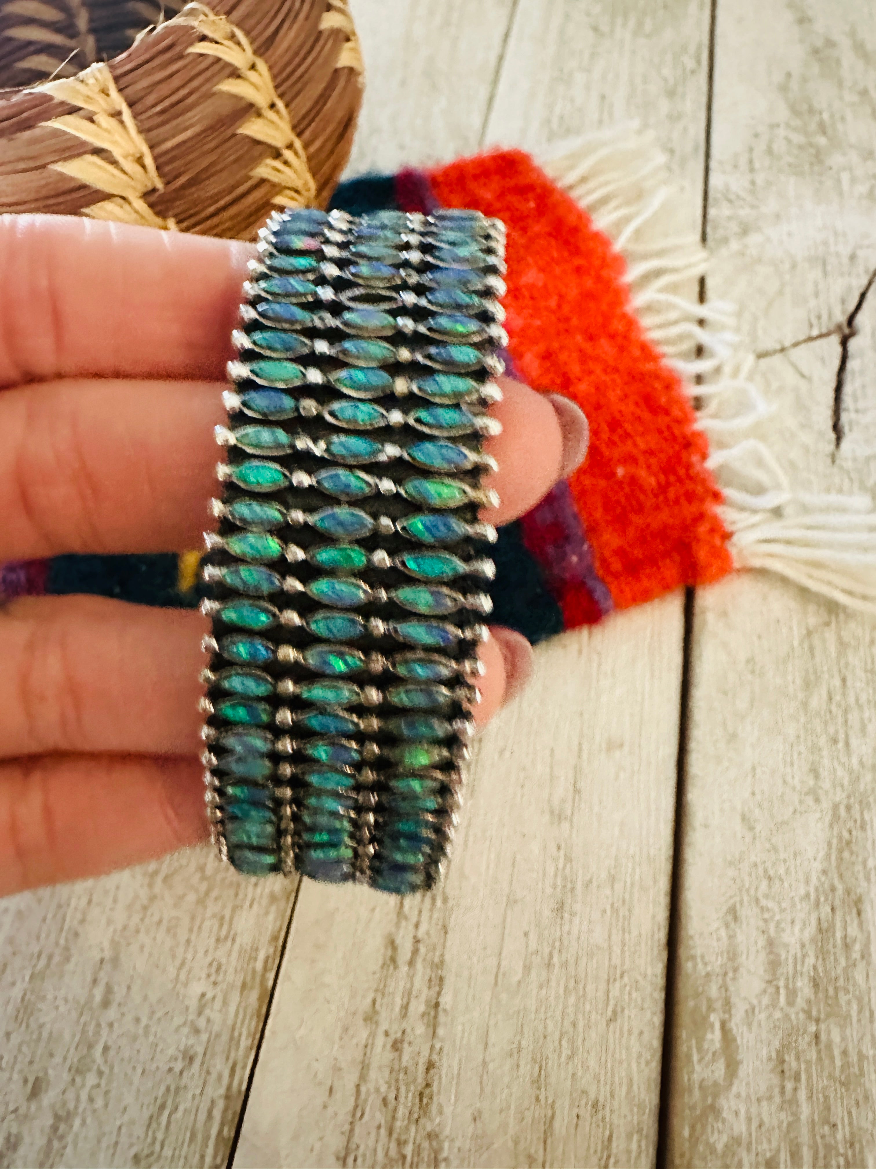 Nizhoni Handmade Sterling Silver & Blue Opal Cuff Bracelet /