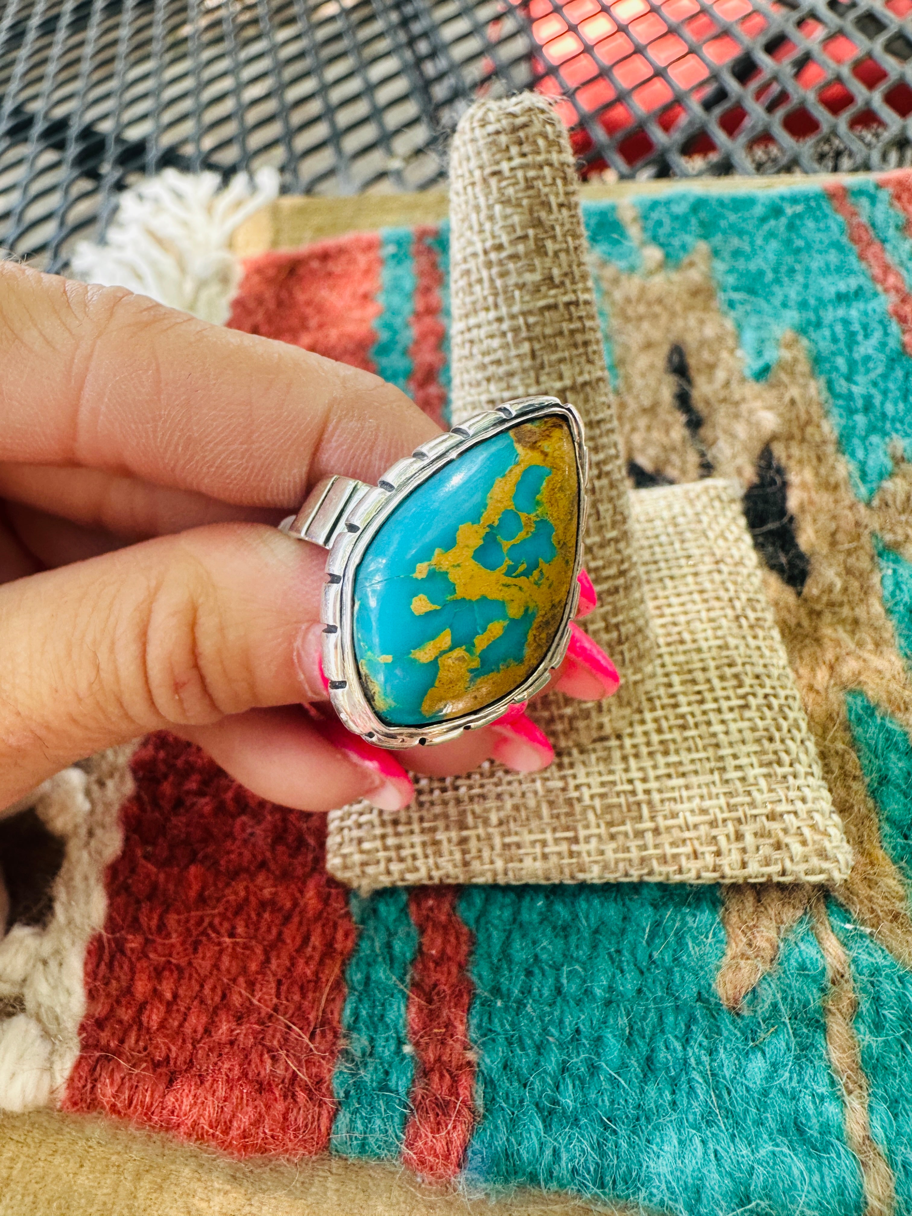 Handcrafted Sterling Silver & Royston Turquoise Ring Size 8