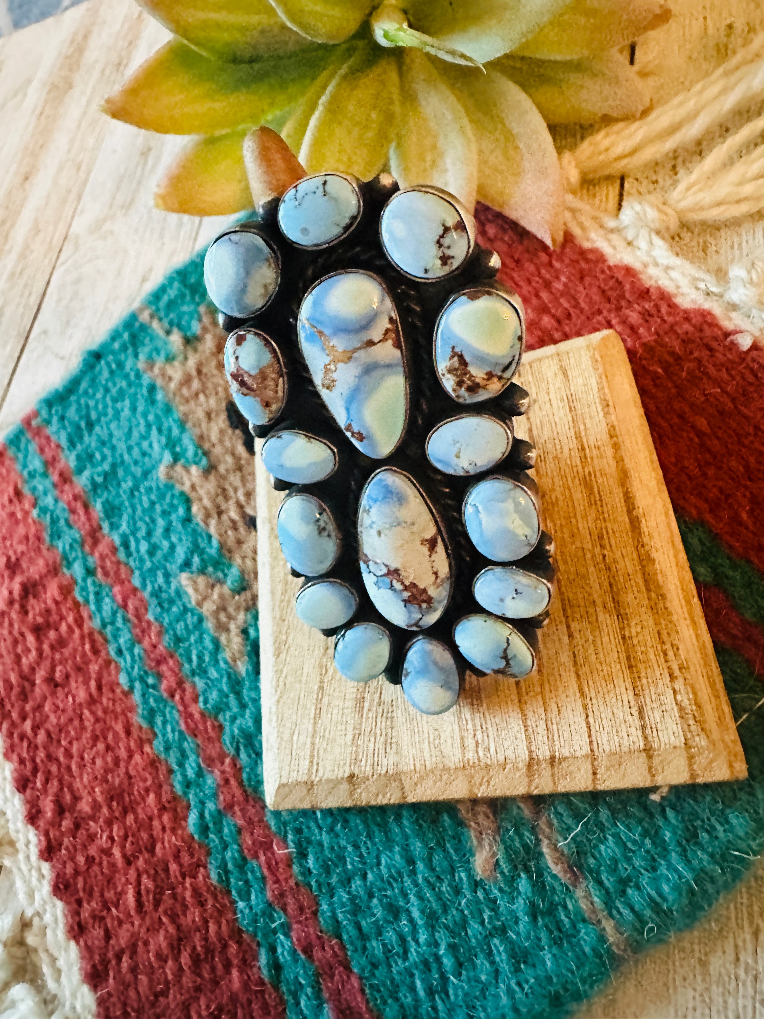 Navajo Golden Hills Turquoise & Sterling Silver Cluster Ring Size 9.25