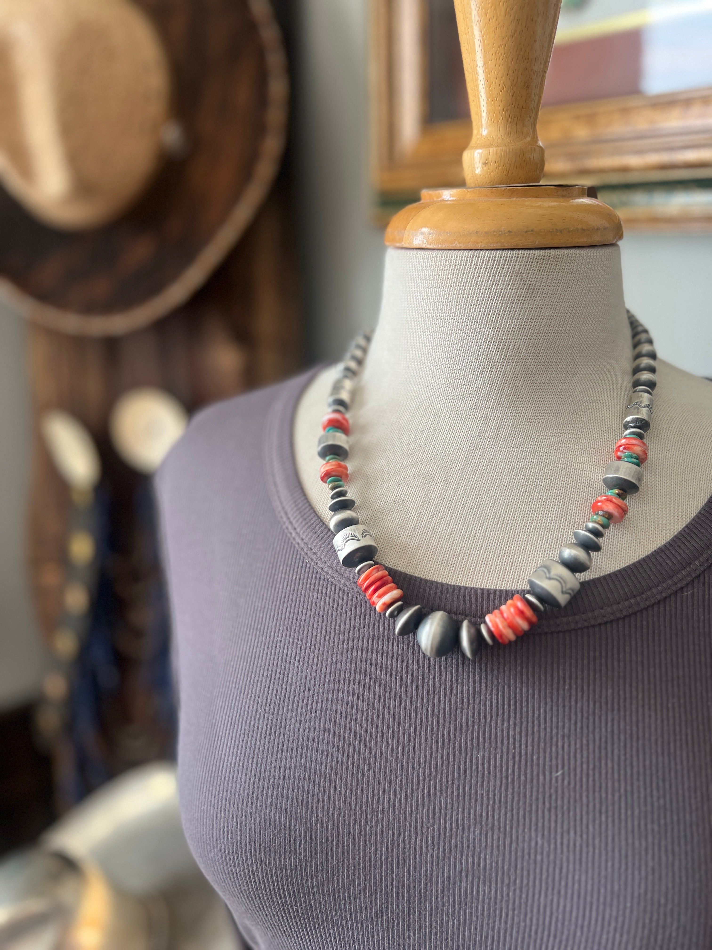 Chunky Sterling Silver, Red Spiny Oyster & Turquoise Single Strand Beaded Necklace by Rose Martin, 20” + 1”