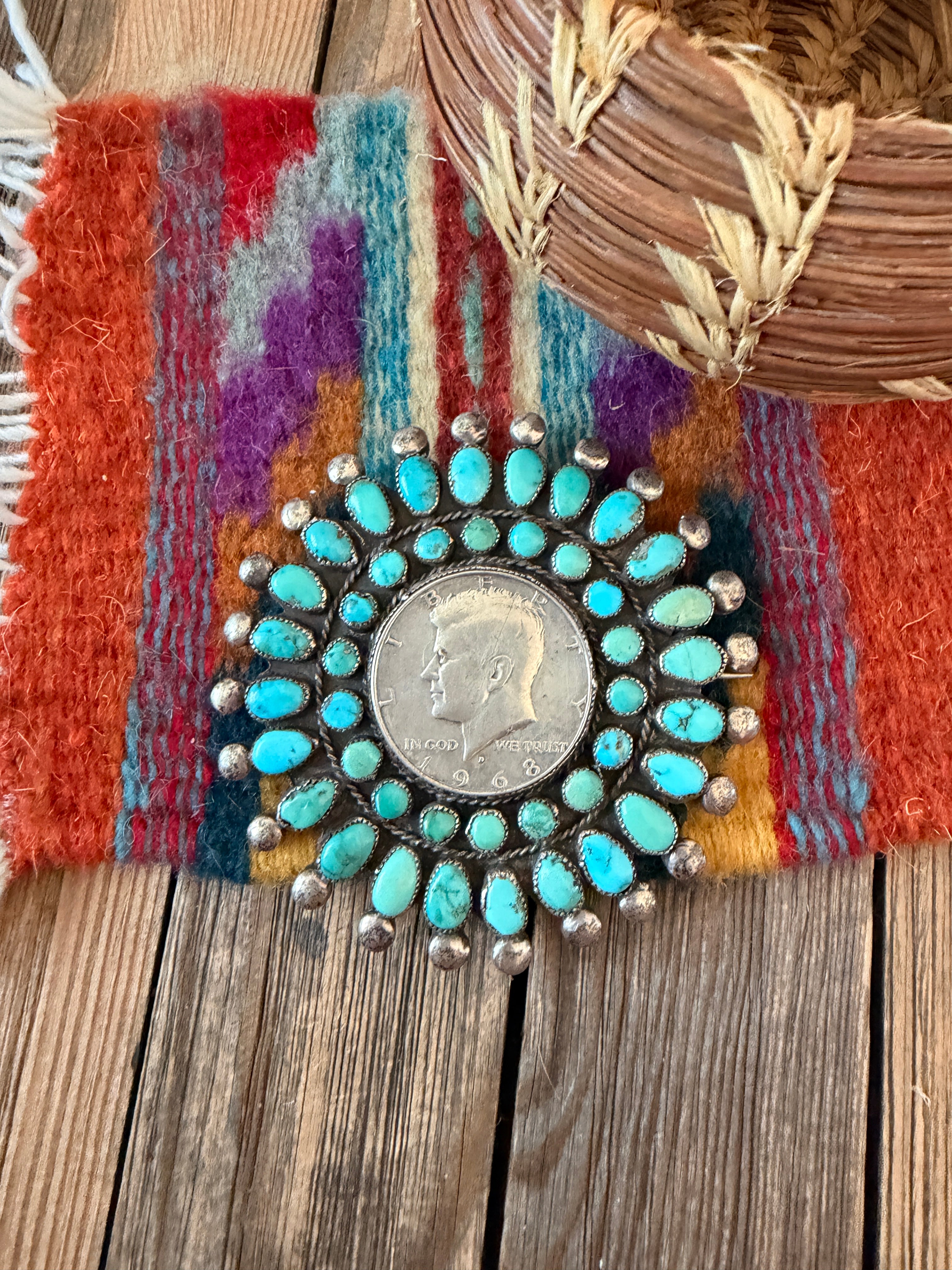 Old Pawn Handcrafted Turquoise and Sterling Silver Liberty Coin Cluster Brooch