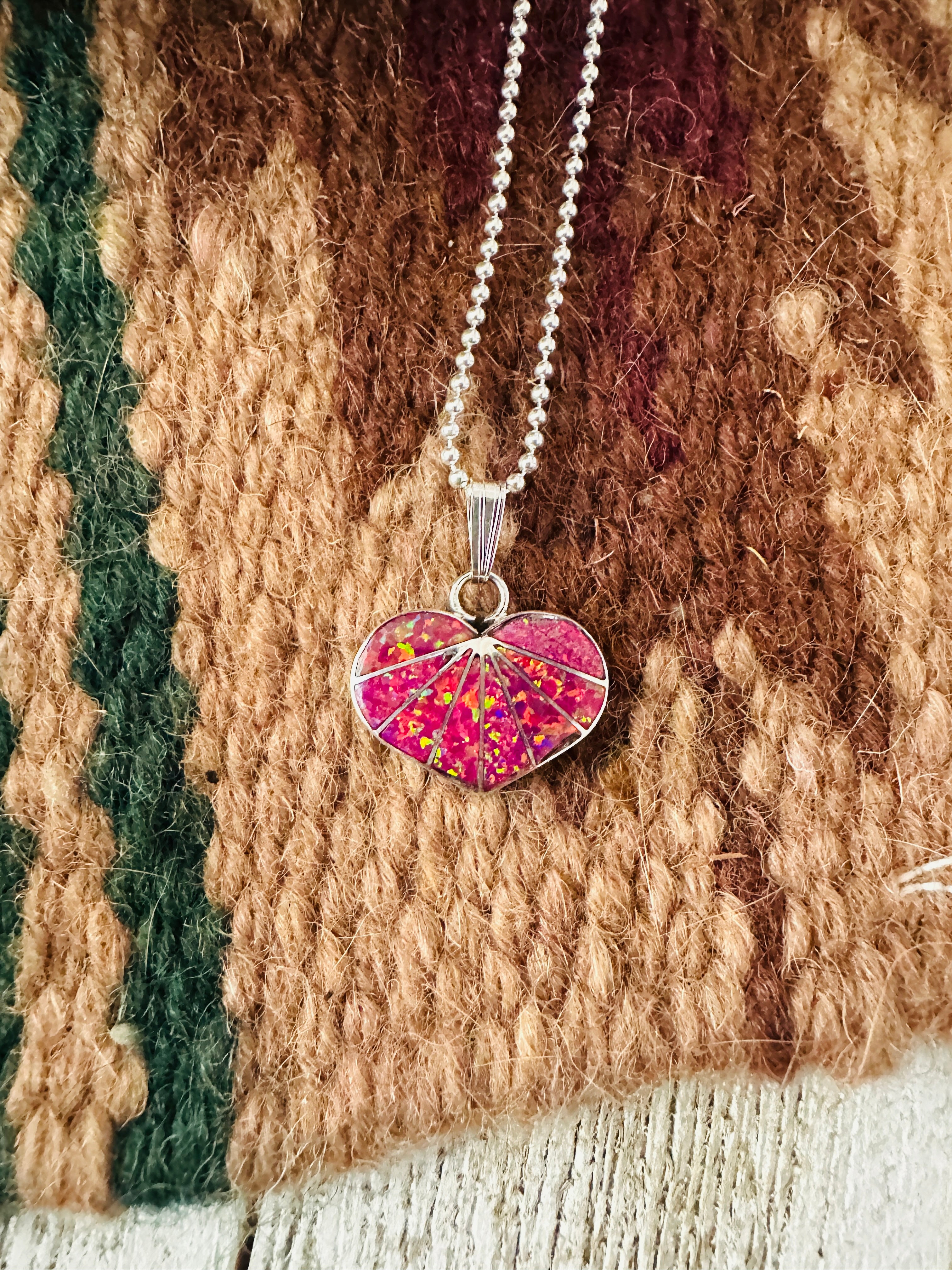 Handcrafted Hot Pink Opal & Sterling Silver Inlay Heart Pendant