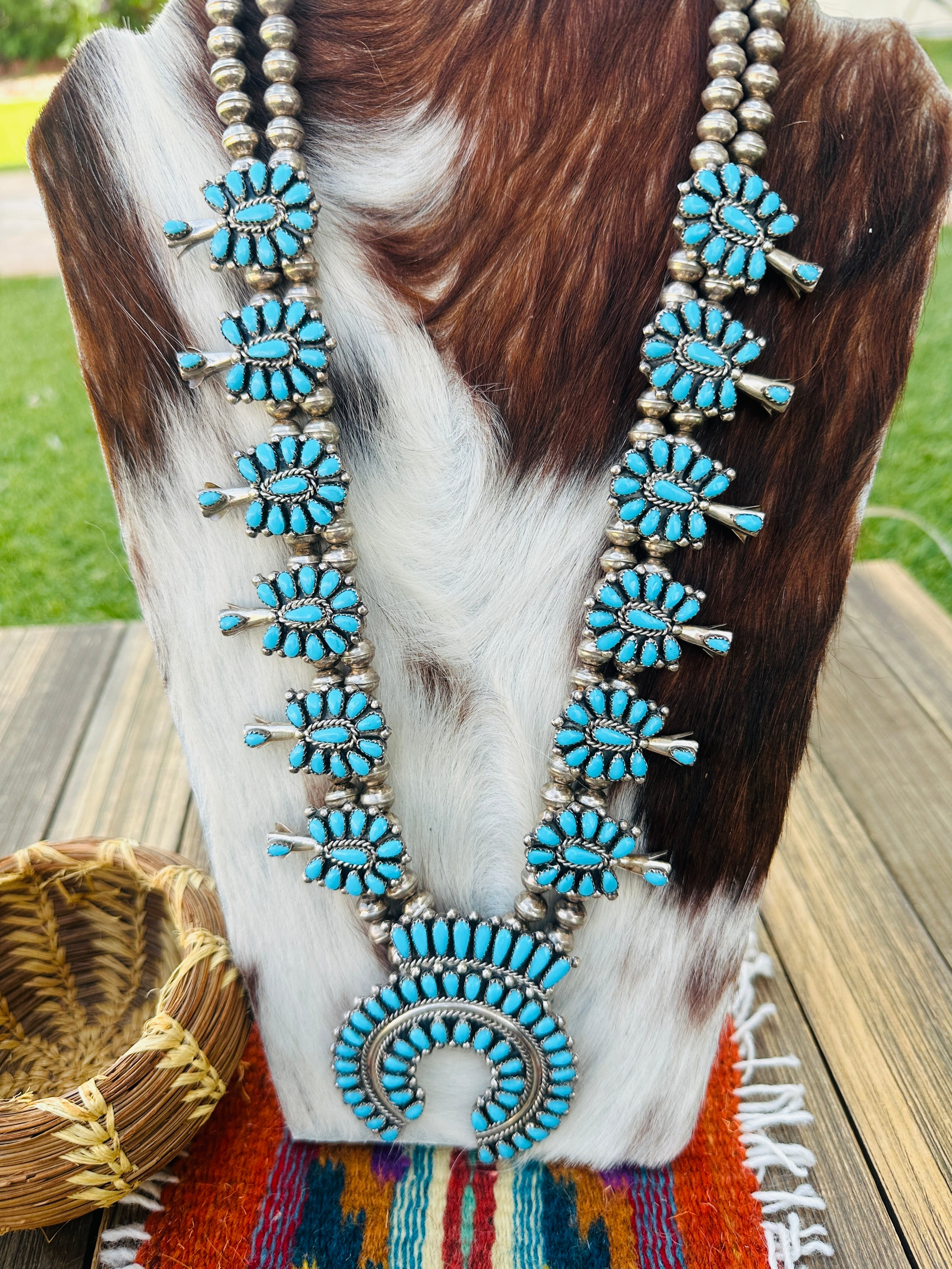 Old Pawn Handcrafted Turquoise & Sterling Silver Beaded Squash Blossom Necklace