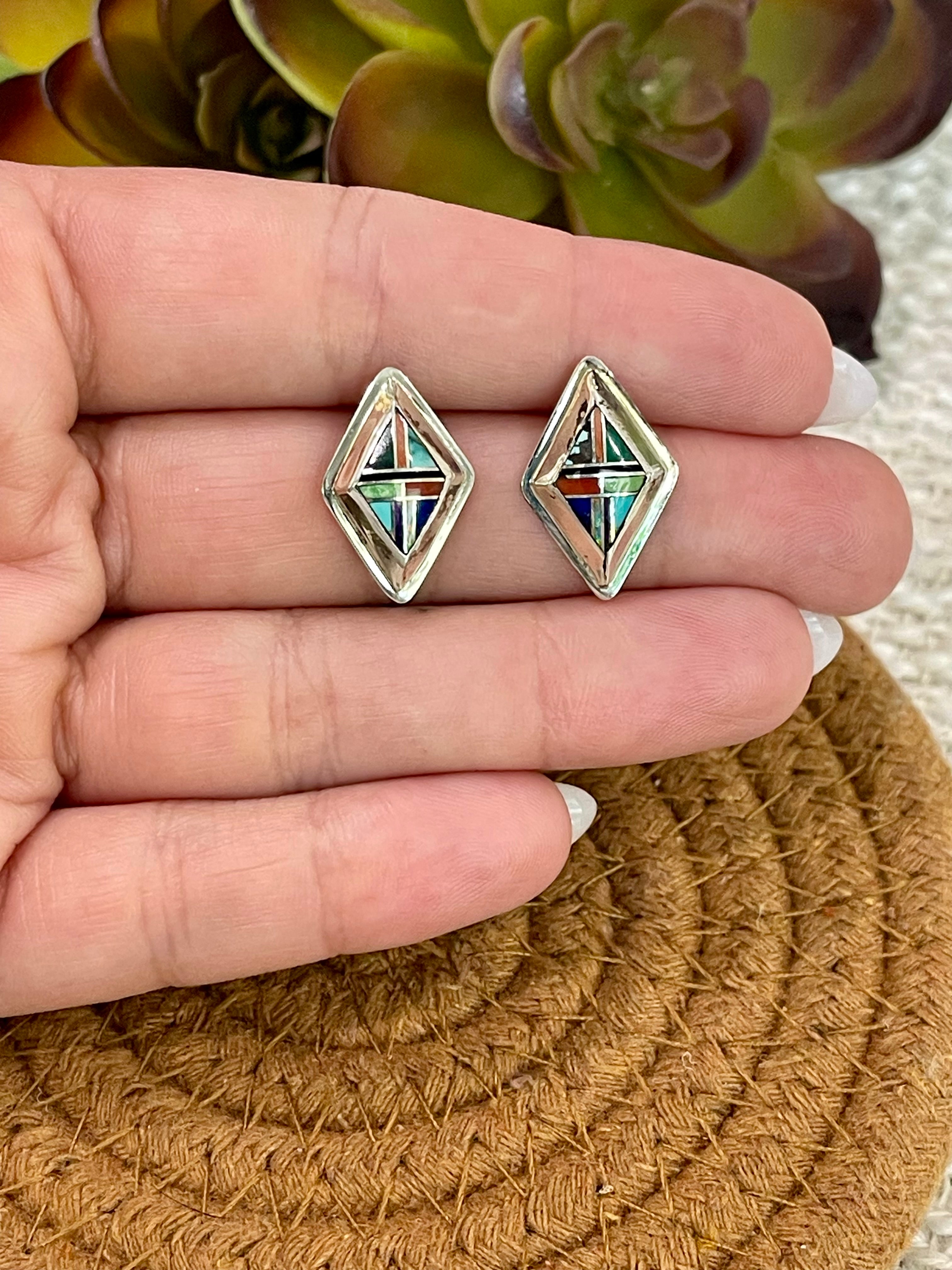 Beautiful Handmade Sterling Silver & Multi Stone Inlay Post Earrings