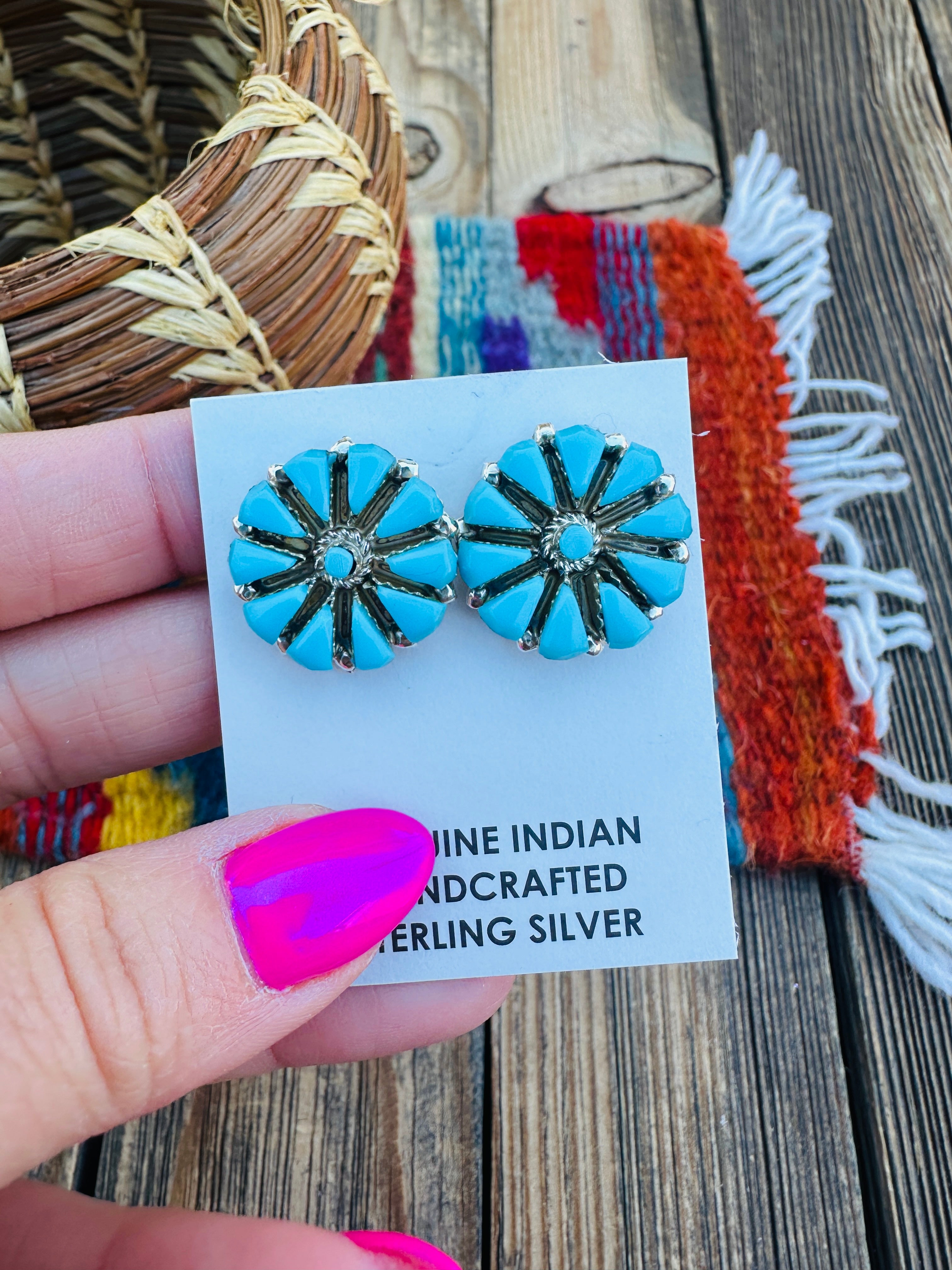 Handcrafted Turquoise & Sterling Silver Cluster Post Earrings
