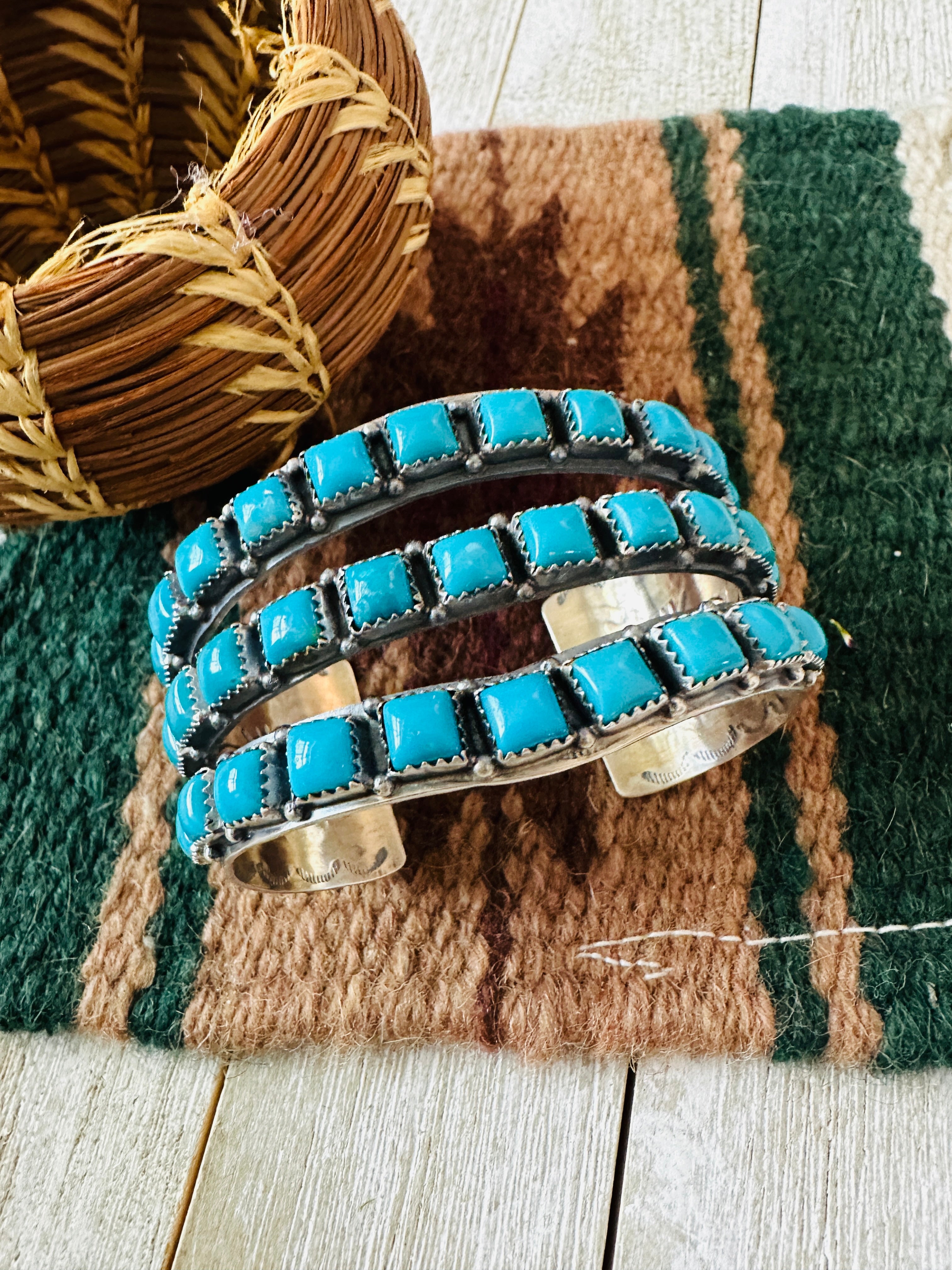 Handcrafted Sterling Silver & Turquoise Triple Row Cuff Bracelet /