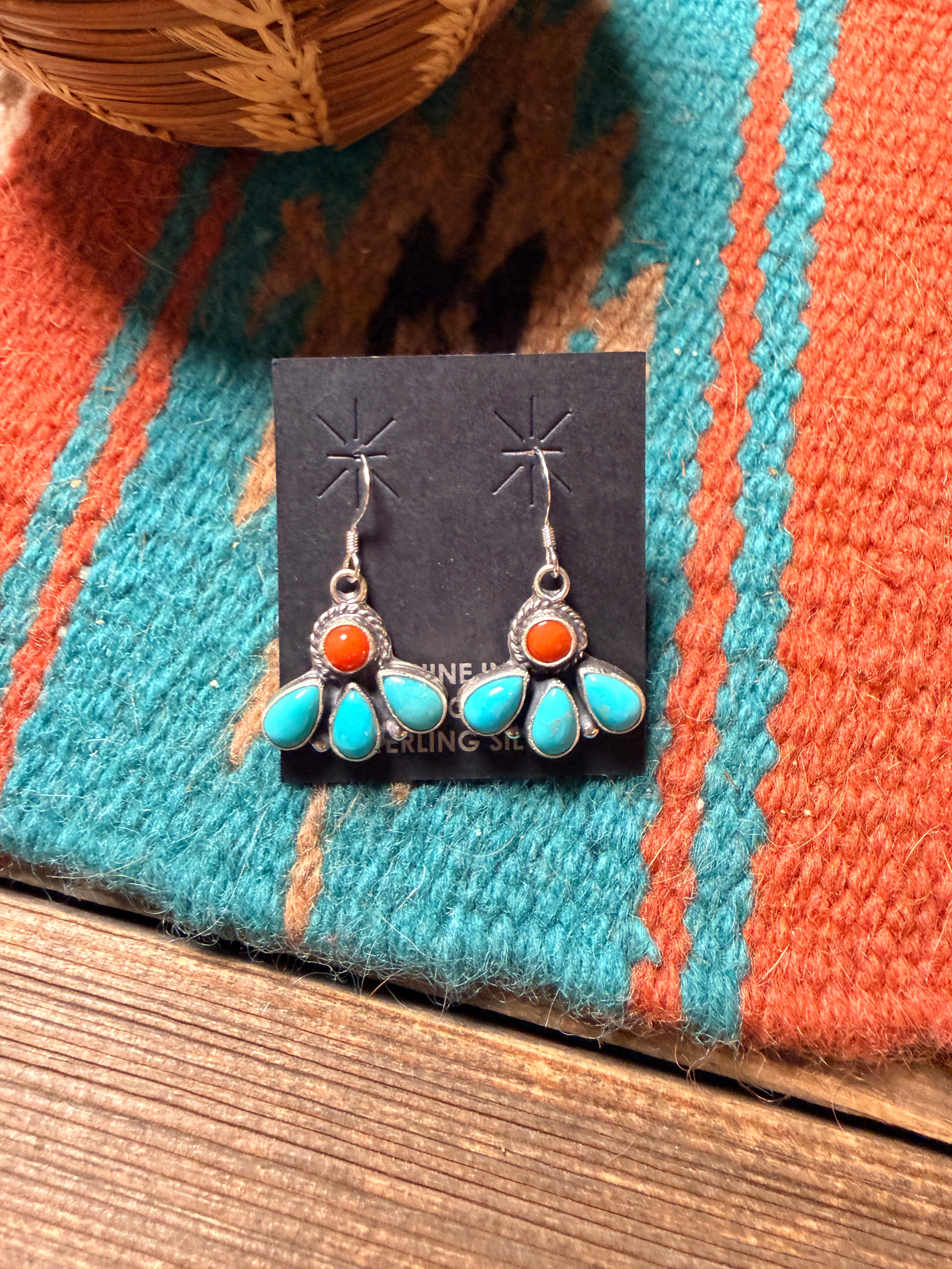 Handcrafted Turquoise, Coral & Sterling Silver Dangle Earrings