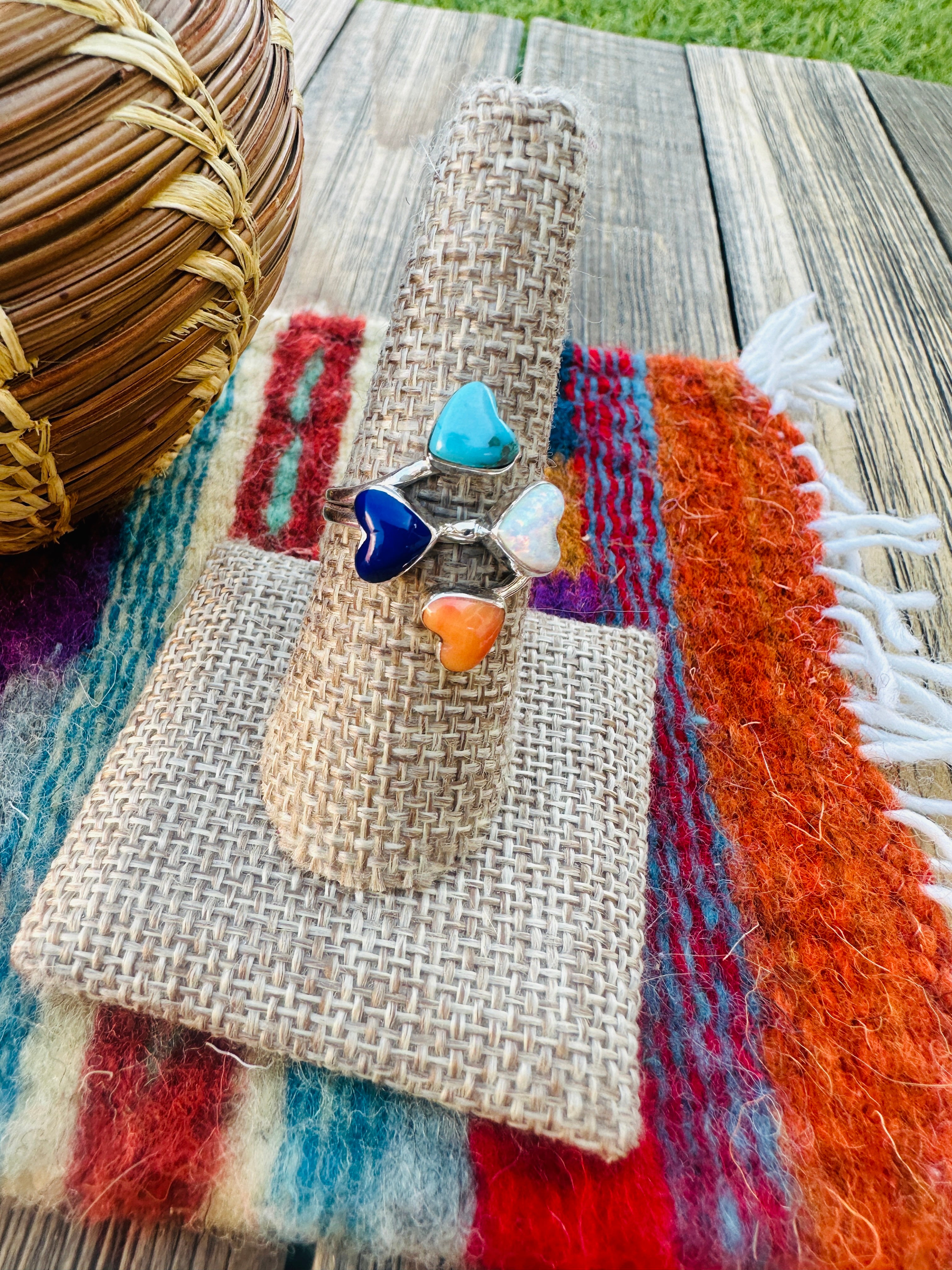 Handcrafted Multi Stone & Heart Ring Size 9.5