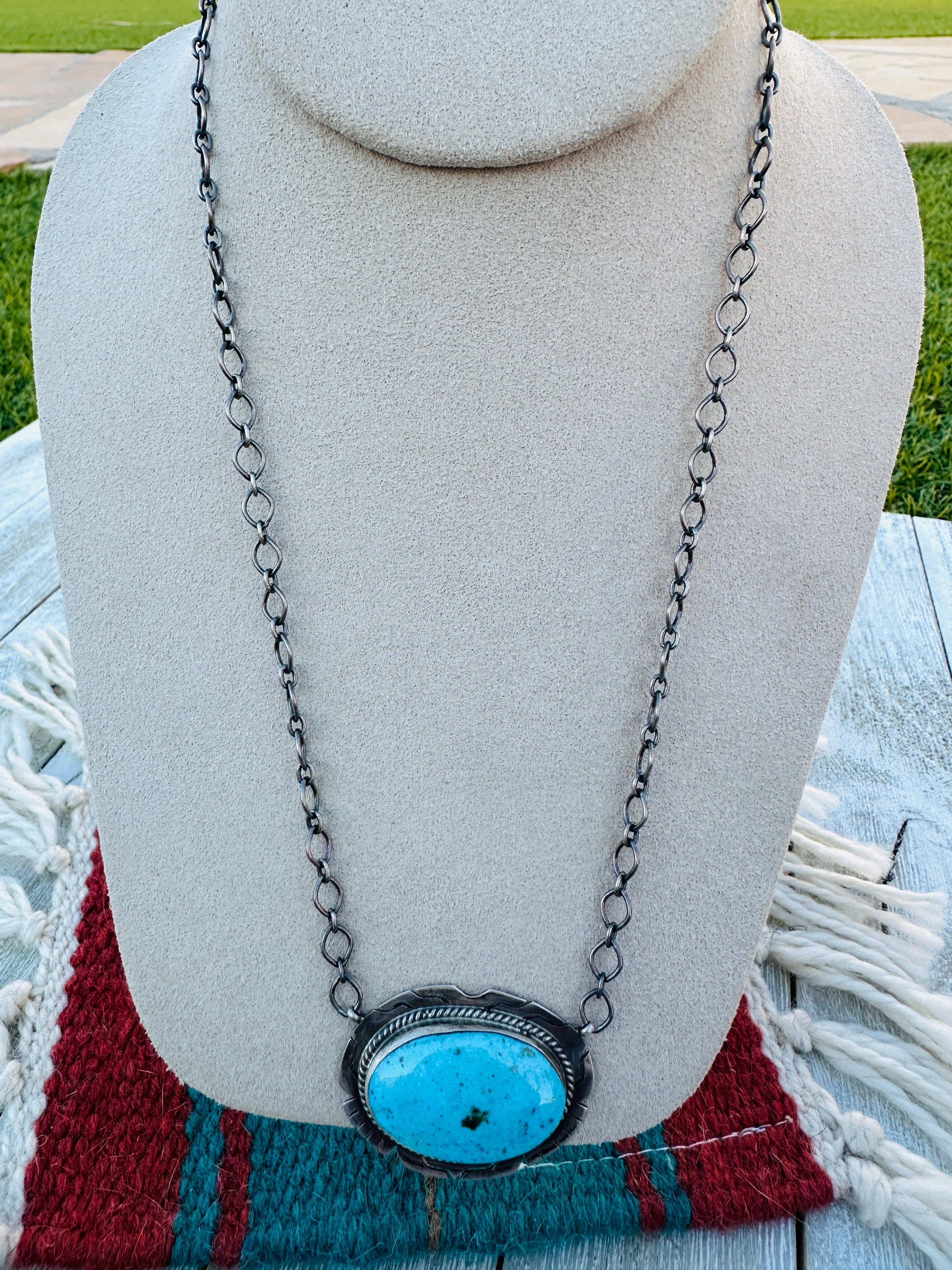 Handcrafted Sterling Silver 18” Link Chain & Turquoise Necklace