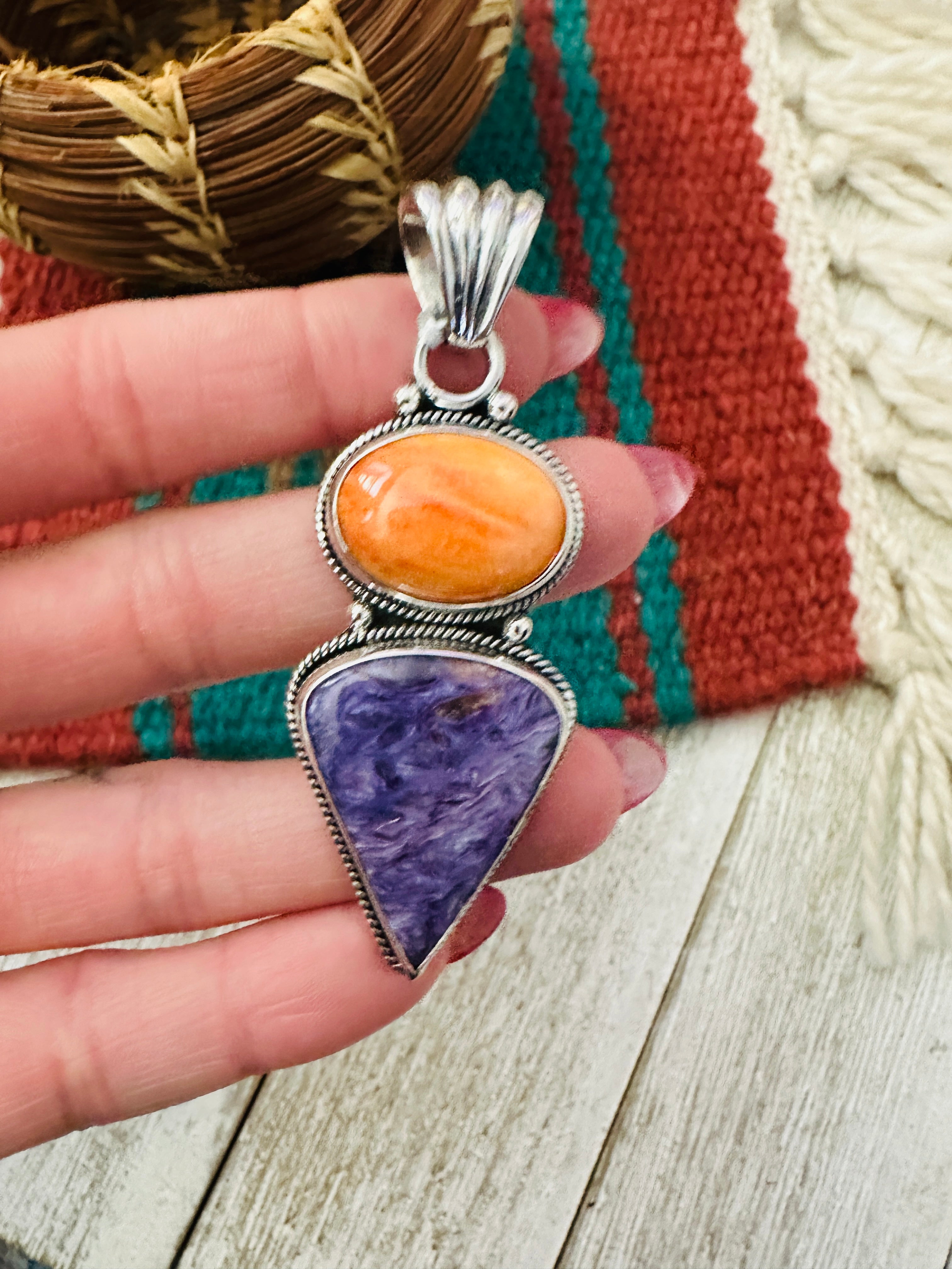 Handcrafted Sterling Silver, Spiny & Charoite Pendant