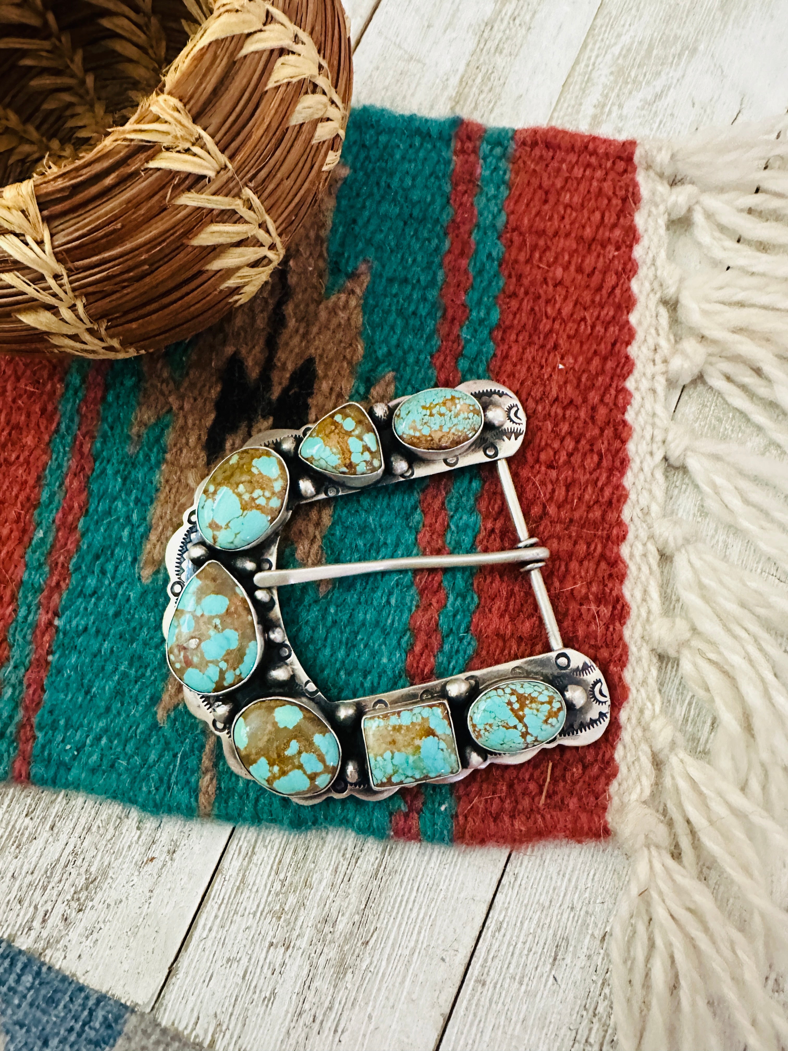 Handcrafted Number 8 Turquoise & Sterling Silver Belt Buckle by Russell Sam