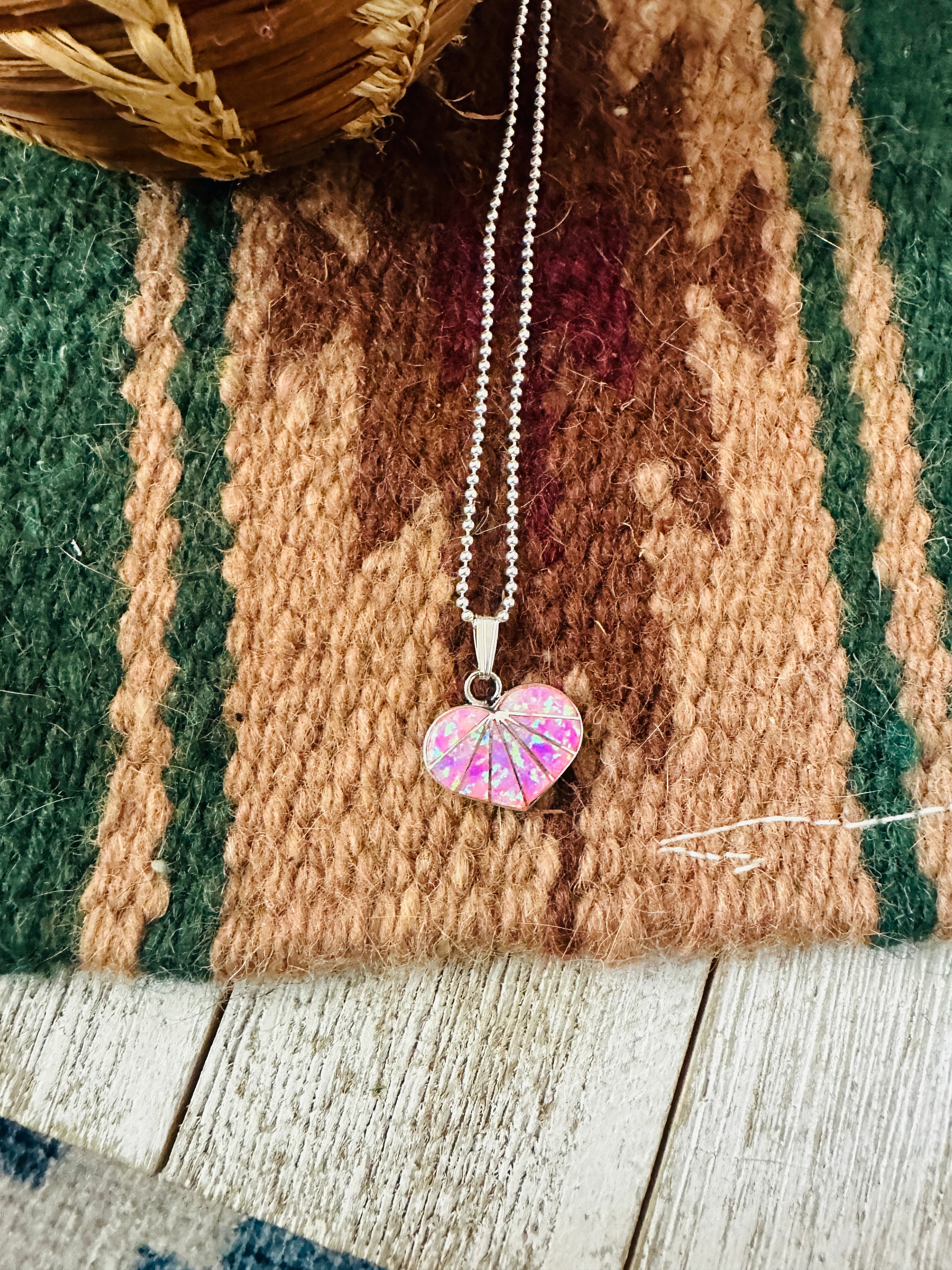 Handcrafted Pink Opal & Sterling Silver Inlay Heart Pendant