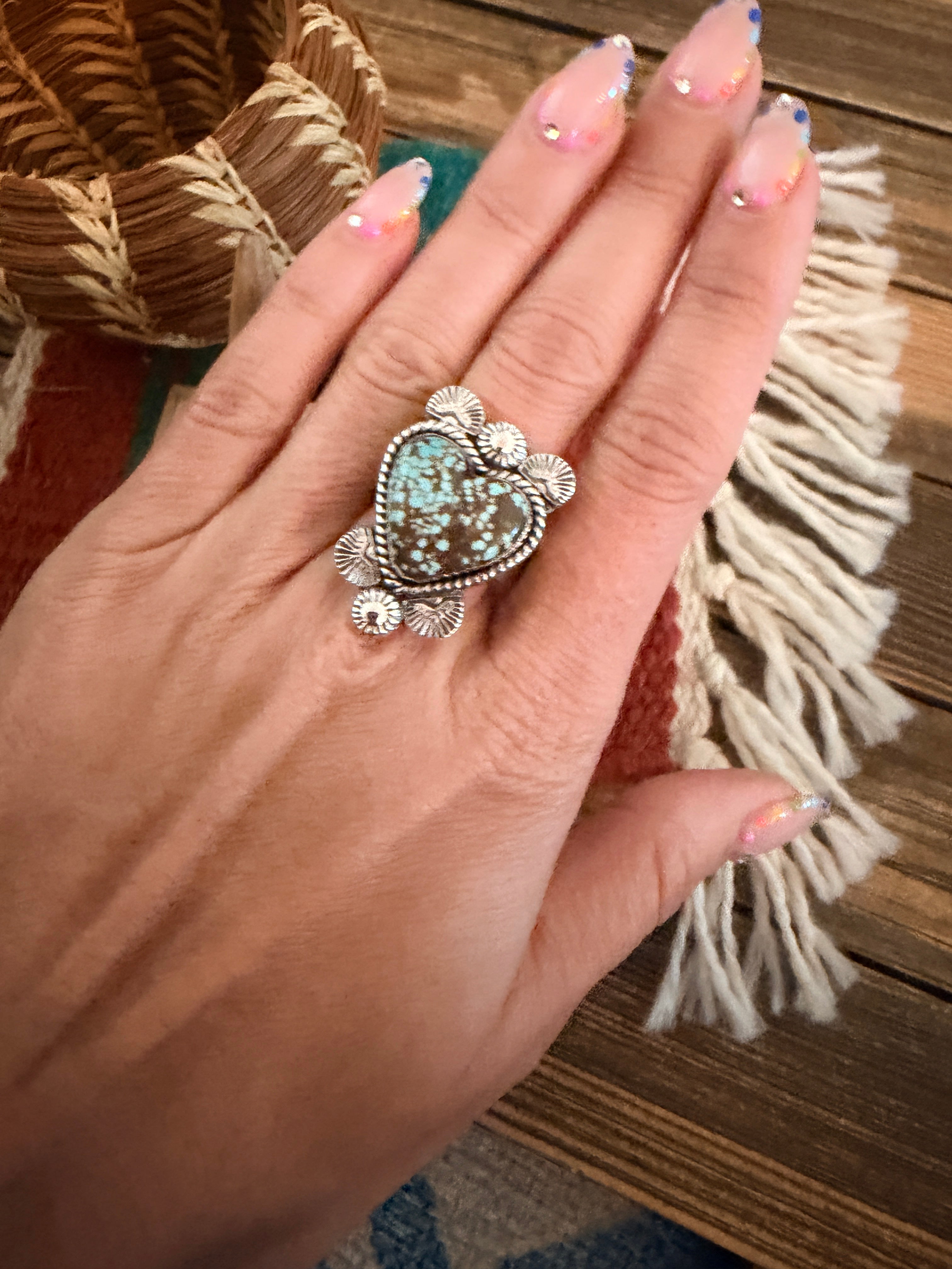 Handmade Sterling Silver Number 8 Turquoise Adjustable Heart Ring Signed Nizhoni
