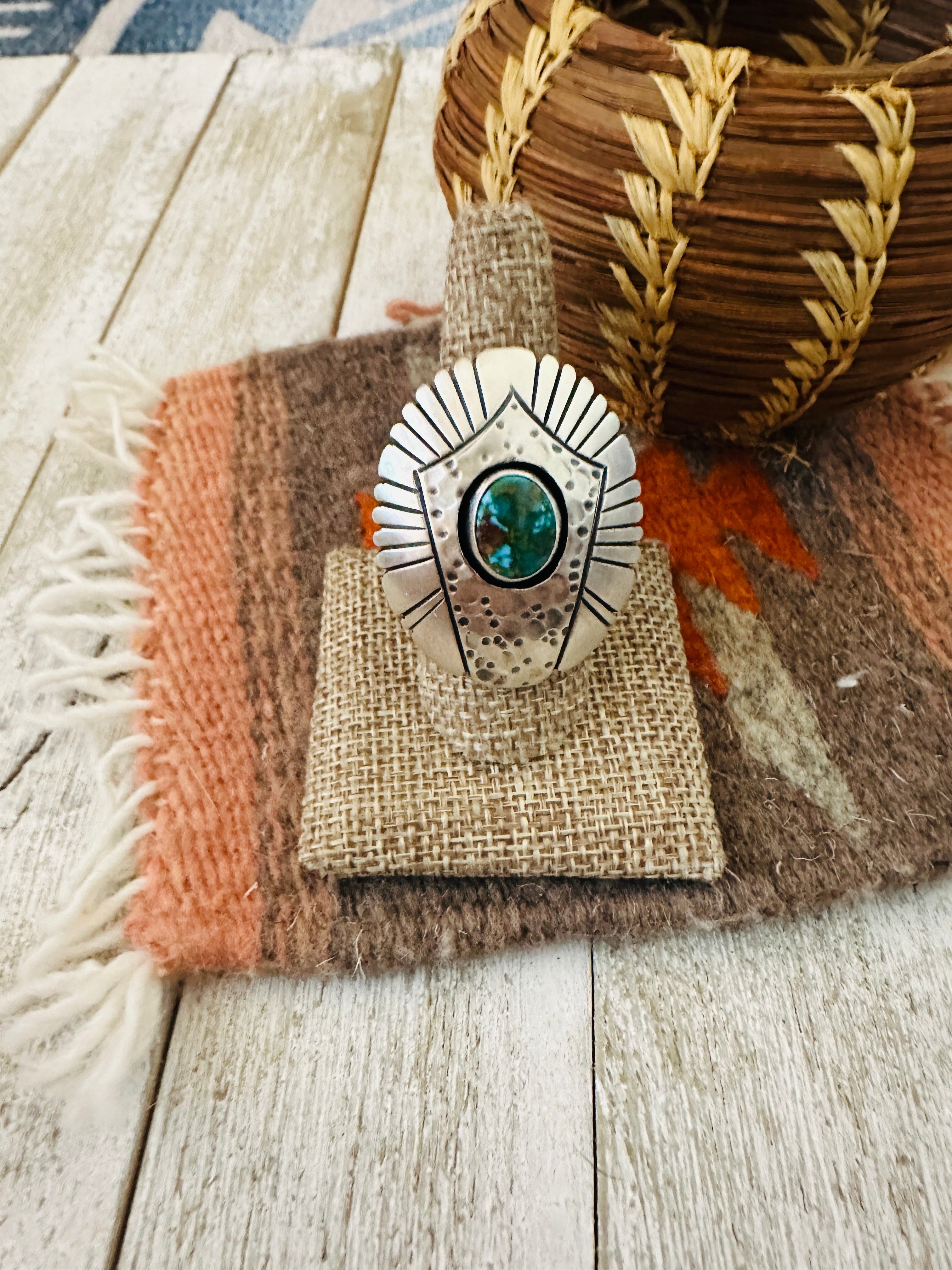 Handcrafted Hand Stamped Sterling Silver & Sonoran Mountain Turquoise Ring Size 8