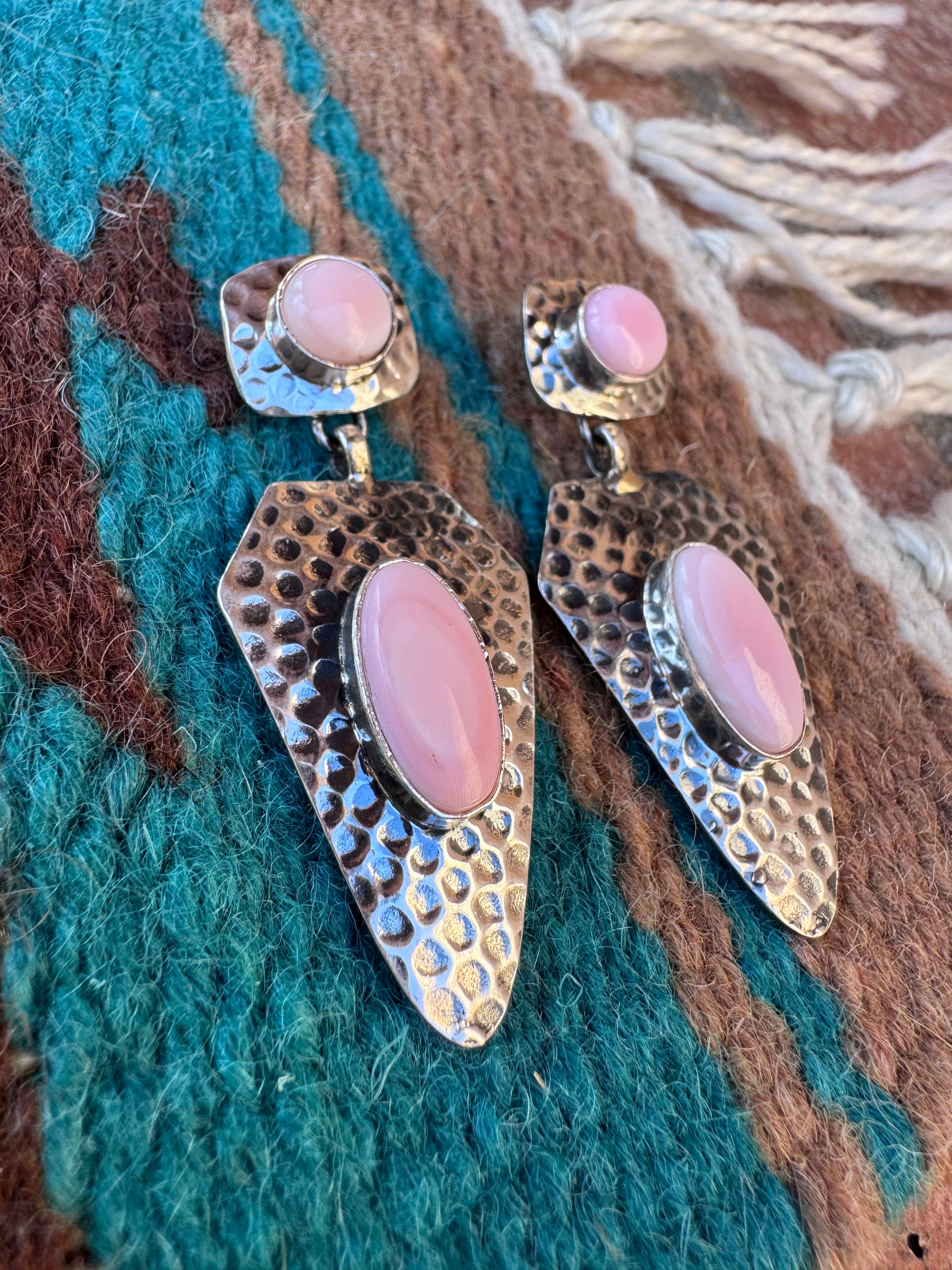 Handcrafted Queen Pink Conch & Hammered Sterling Silver Dangle Earrings