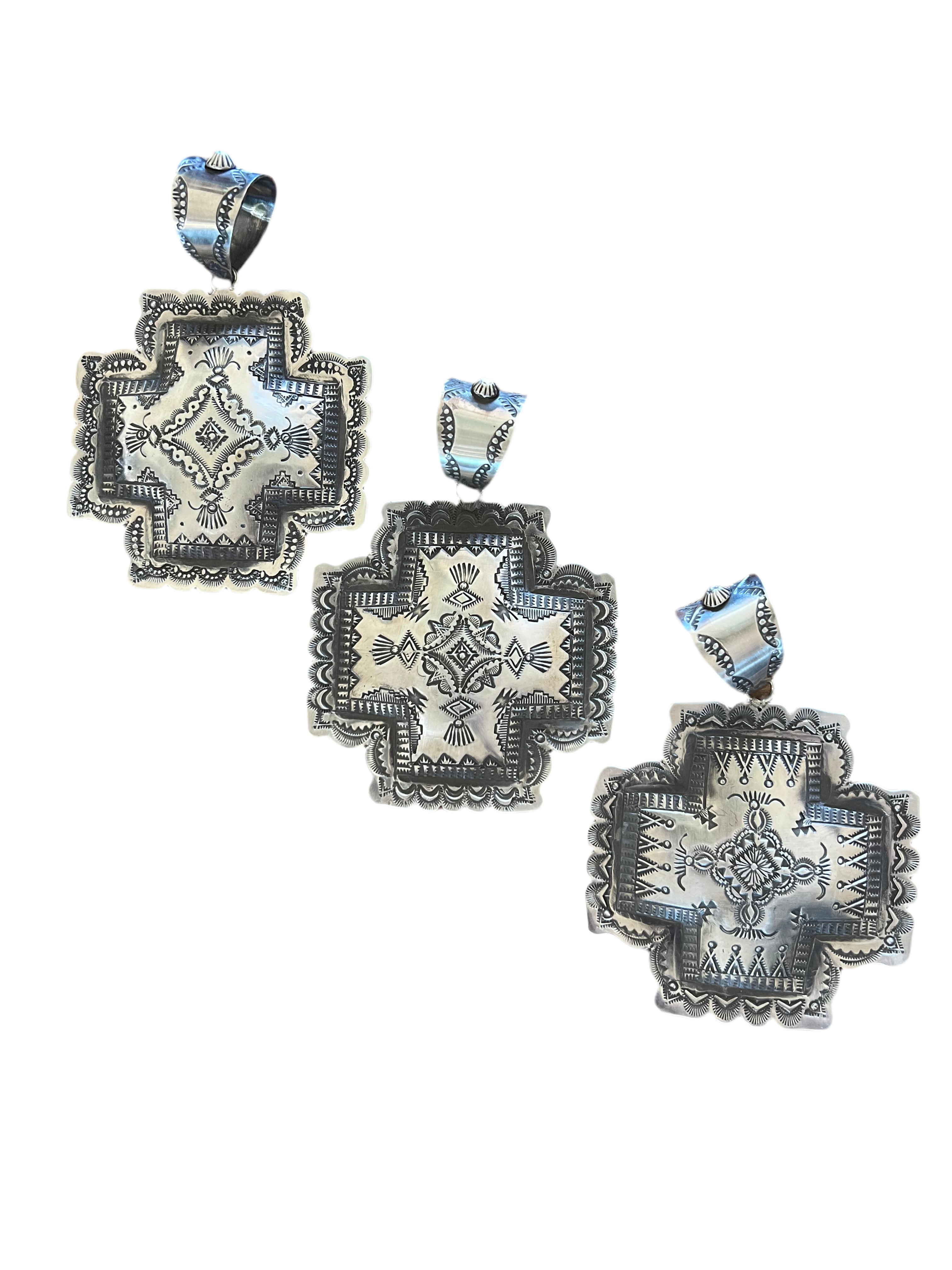 Handcrafted Hand Stamped Sterling Silver Santa Fe Cross Pendant by Victor Platero