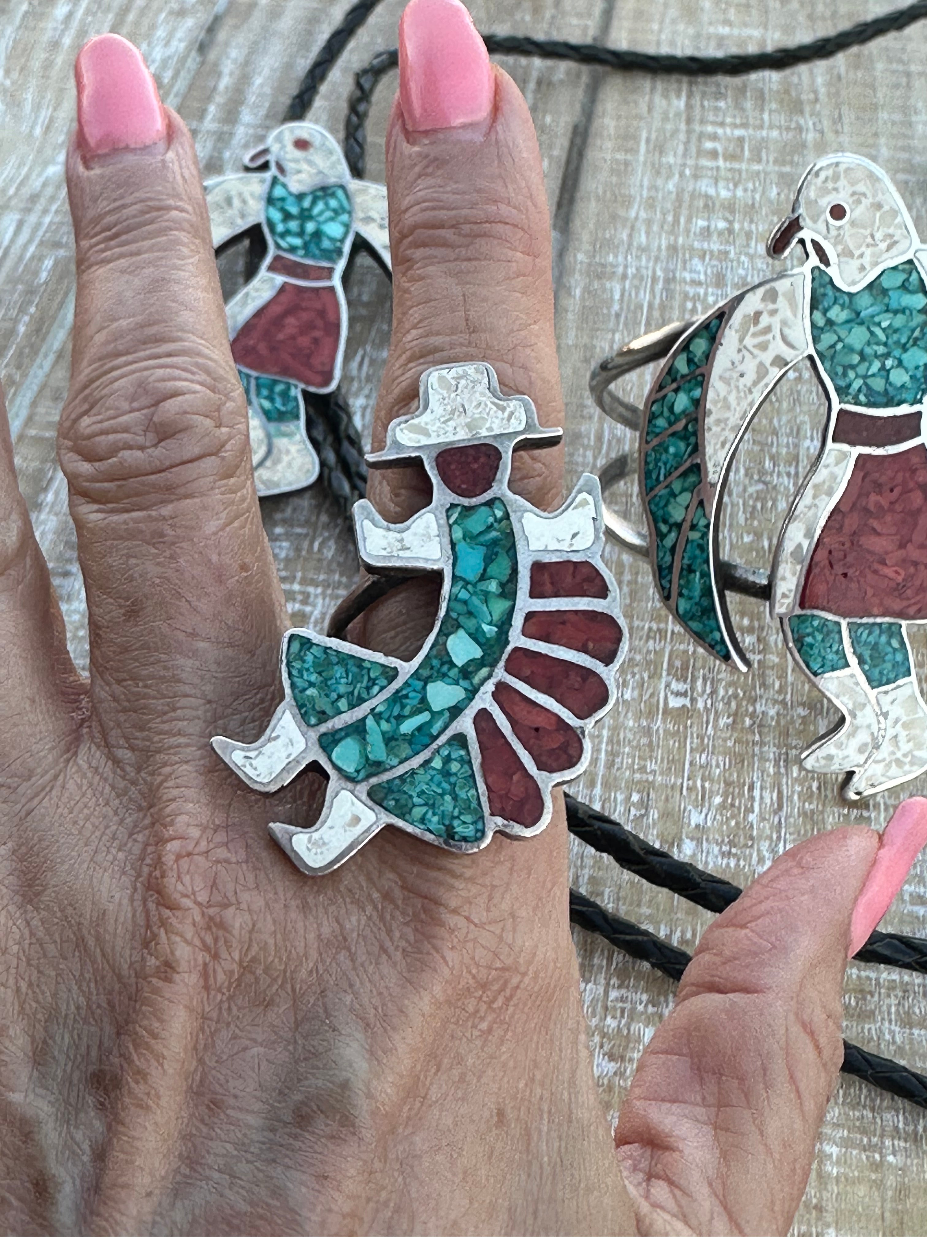 Handcrafted Old Pawn Vintage Chip Inlay Eagle Dancer Sterling Silver 5 Piece Jewelry Set