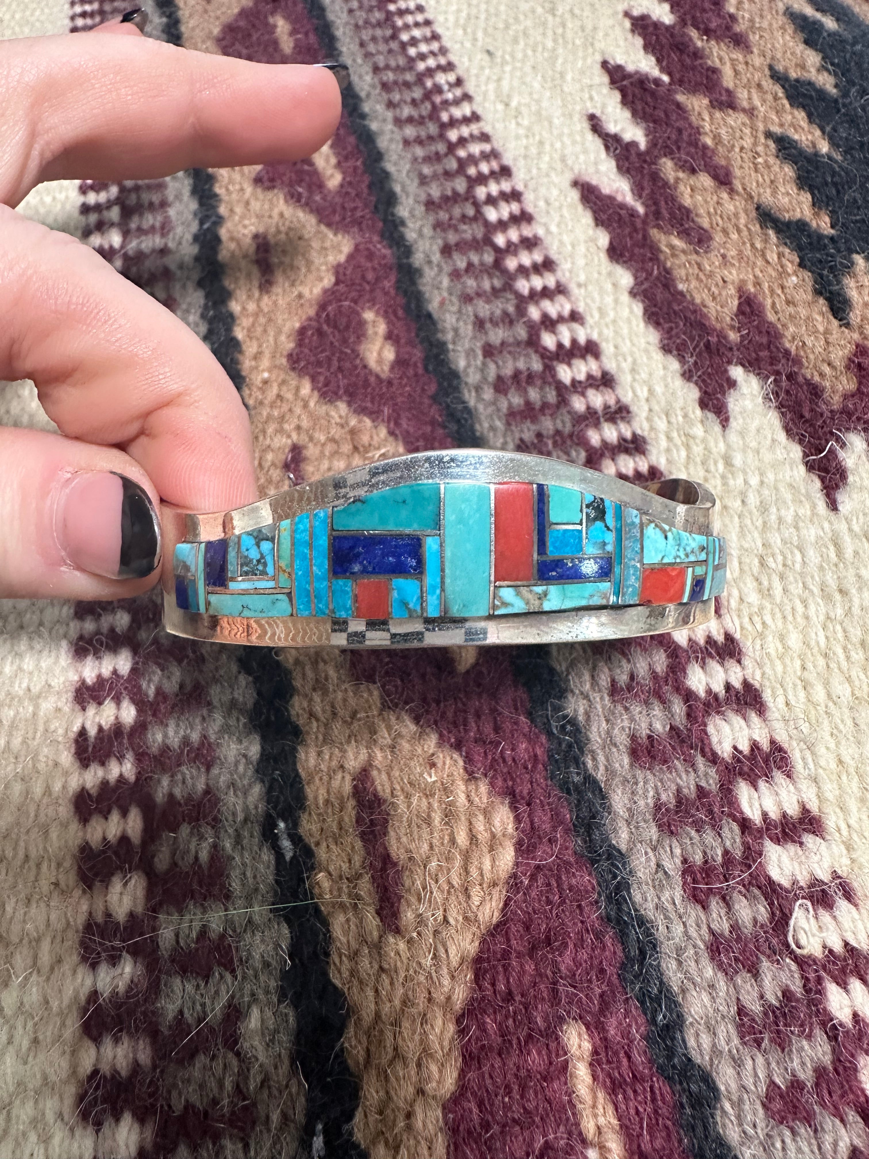 Handcrafted Multi Stone & Sterling Silver Inlay Cuff Bracelet Signed Patricia Becenti