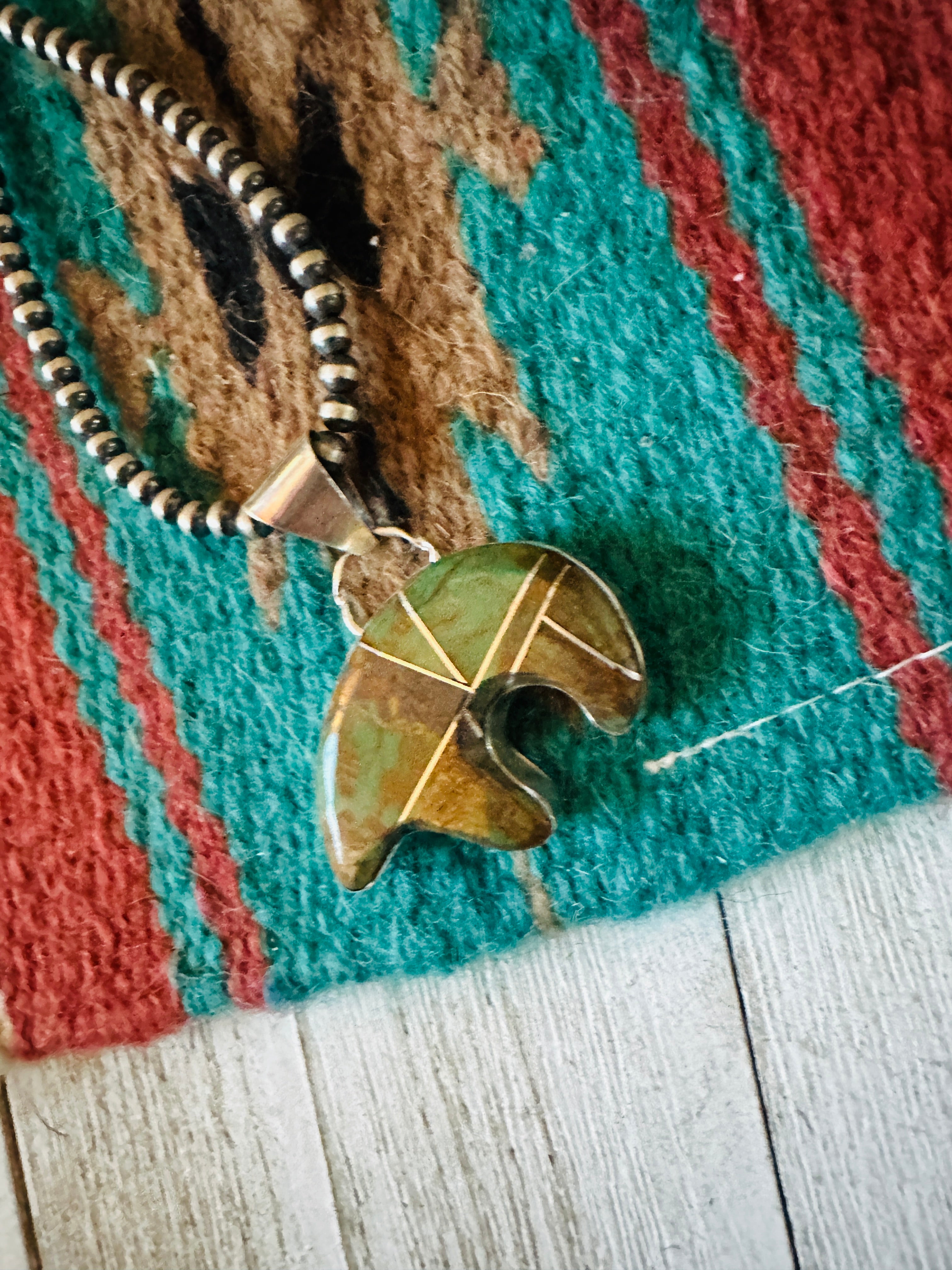 Handcrafted Turquoise & Sterling Silver Inlay Fetish Bear Pendant