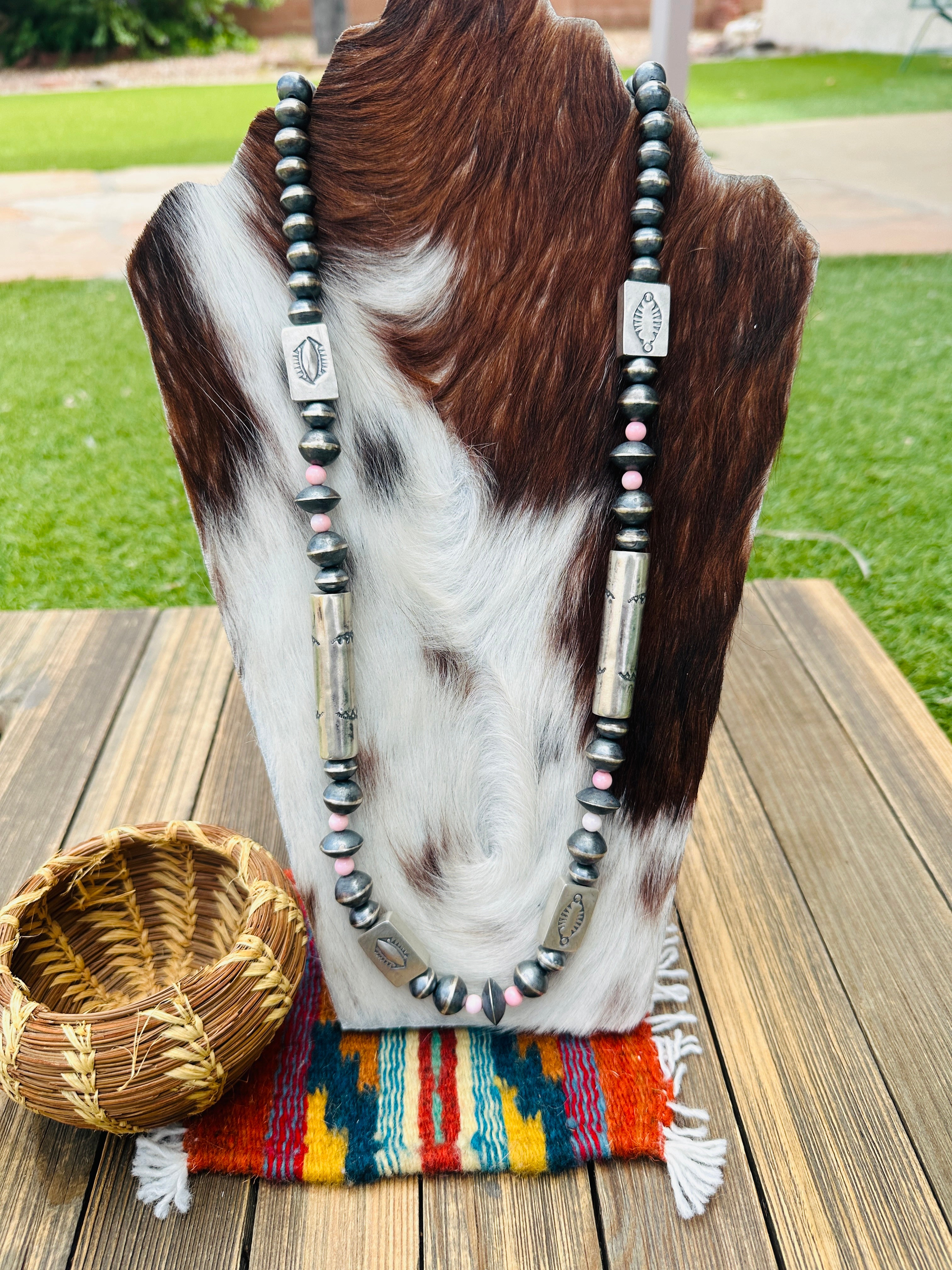 Handcrafted Queen Pink Conch & Hand Stamped Sterling Silver 36” Beaded Necklace