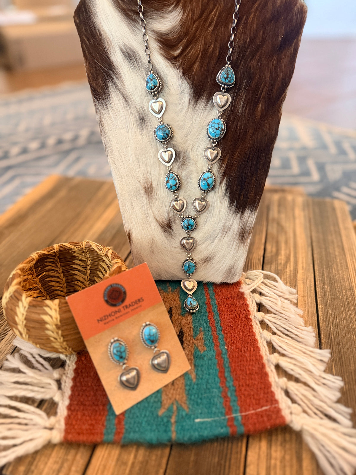 Handcrafted Turquoise & Sterling Silver Heart Necklace and Earring Set by Larry Kaye