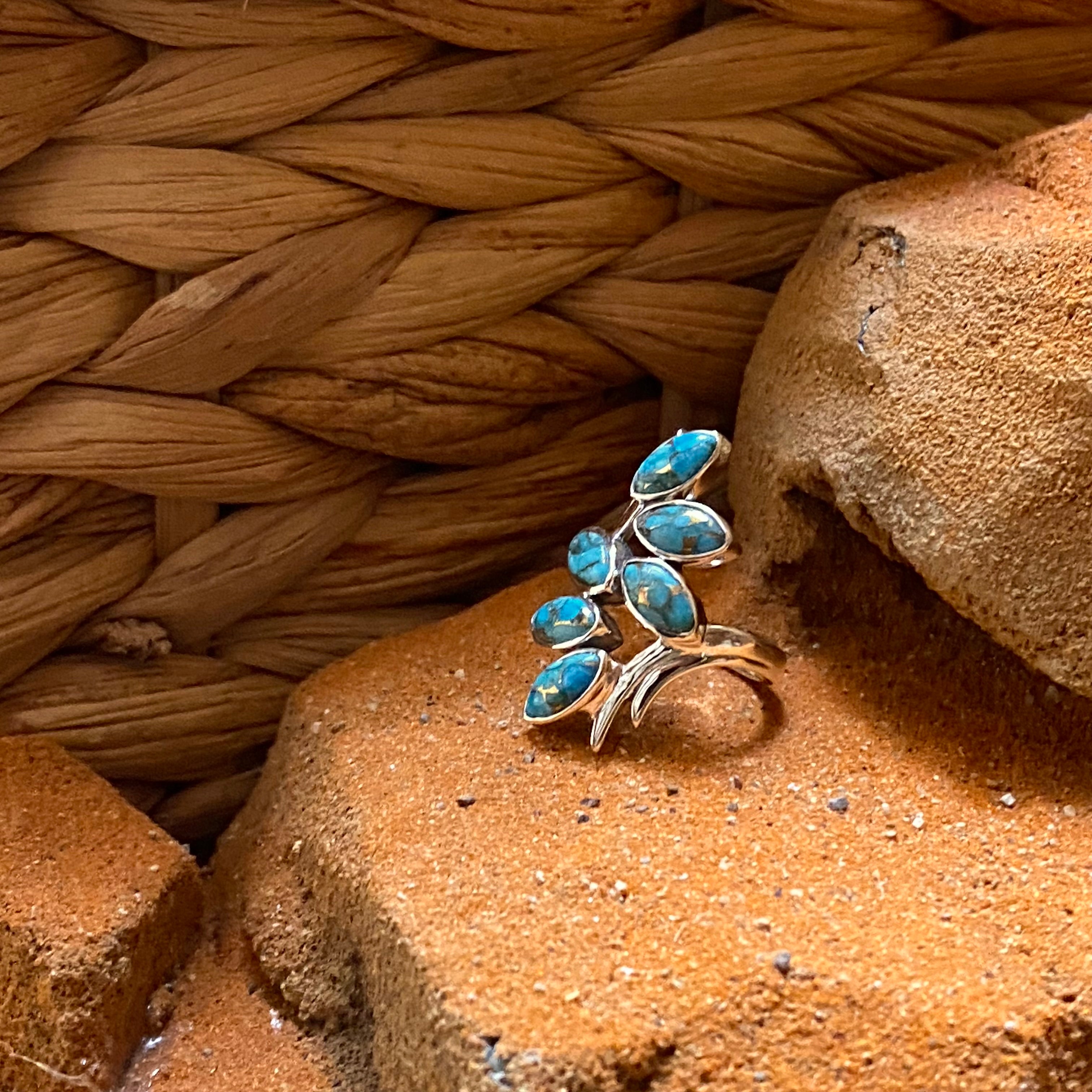 Sterling Silver Six Leaf Copper Turquoise Ring Size 5.5